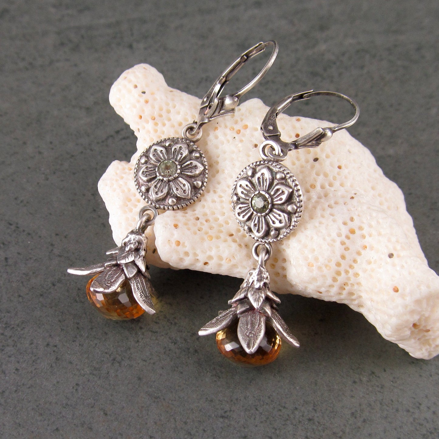 Citrine exotic flower earrings, handmade fine silver and green sapphire
