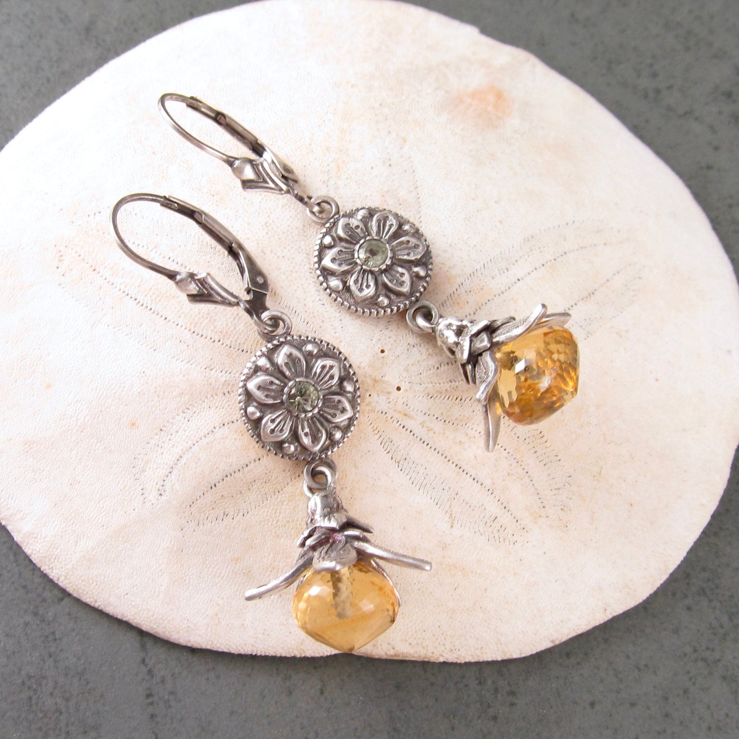 Citrine exotic flower earrings, handmade fine silver and green sapphire