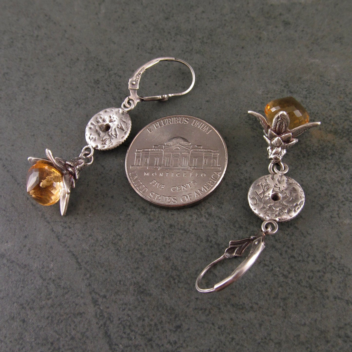 Citrine exotic flower earrings, handmade fine silver and green sapphire