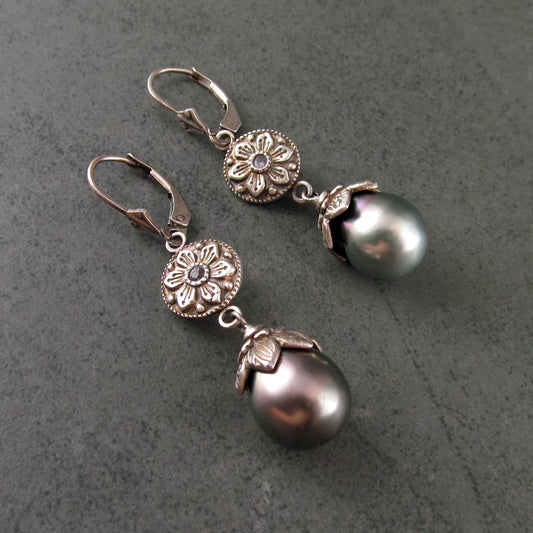 Fine silver Exotic Flower earrings with Tahitian pearls, and lavender sapphires