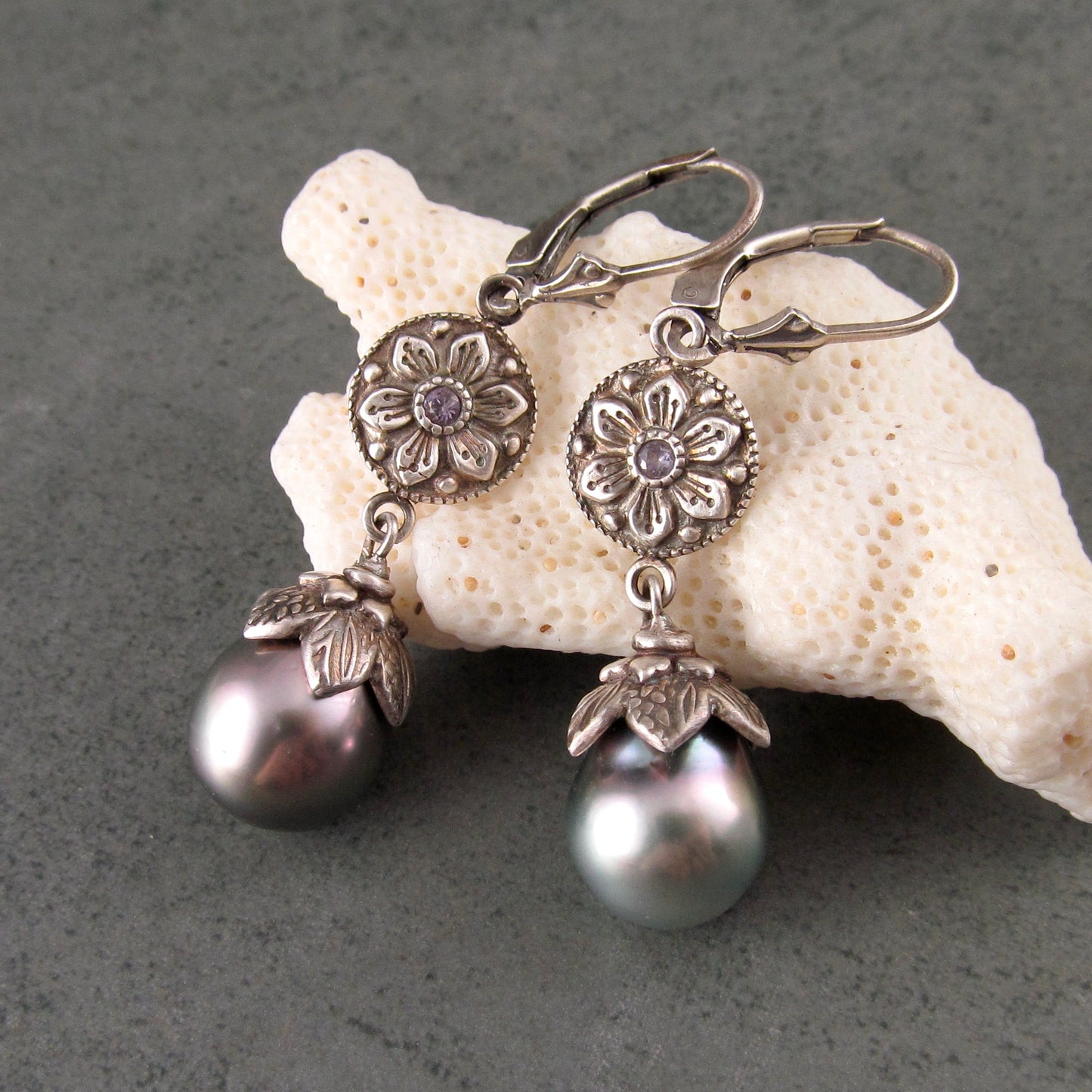 Fine silver Exotic Flower earrings with Tahitian pearls, and lavender sapphires