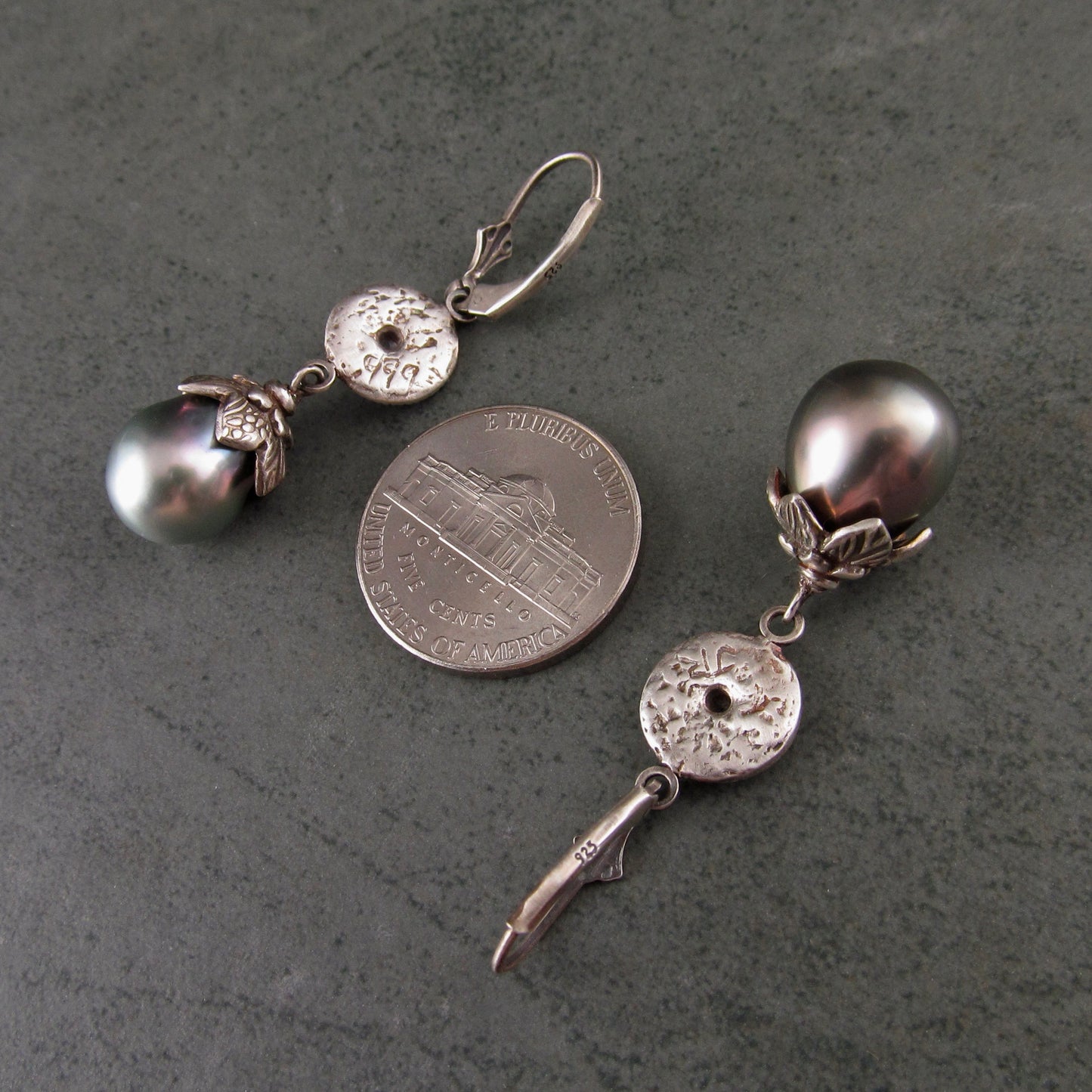 Fine silver Exotic Flower earrings with Tahitian pearls, and lavender sapphires