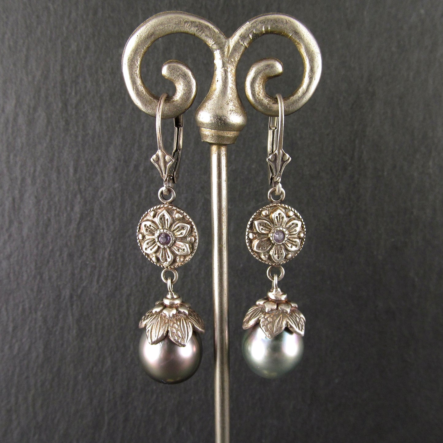 Fine silver Exotic Flower earrings with Tahitian pearls, and lavender sapphires