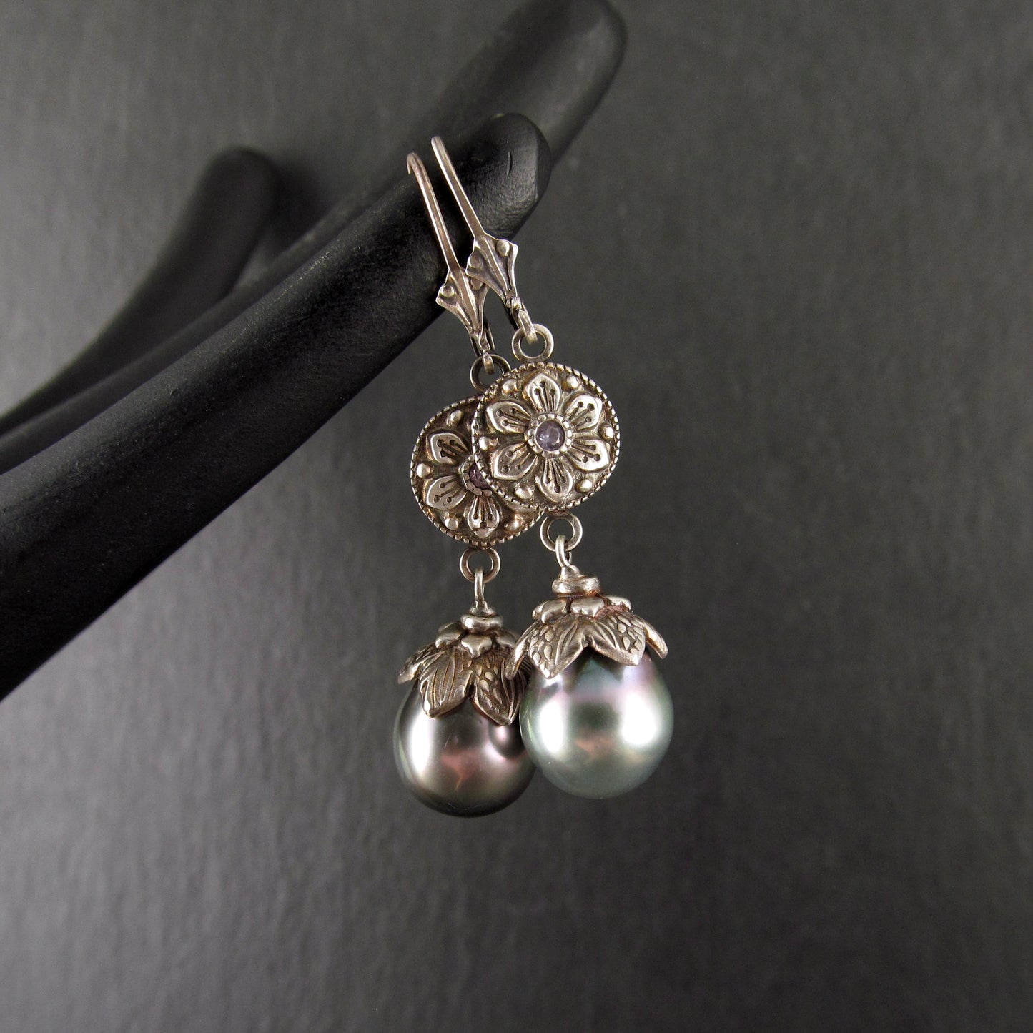Fine silver Exotic Flower earrings with Tahitian pearls, and lavender sapphires