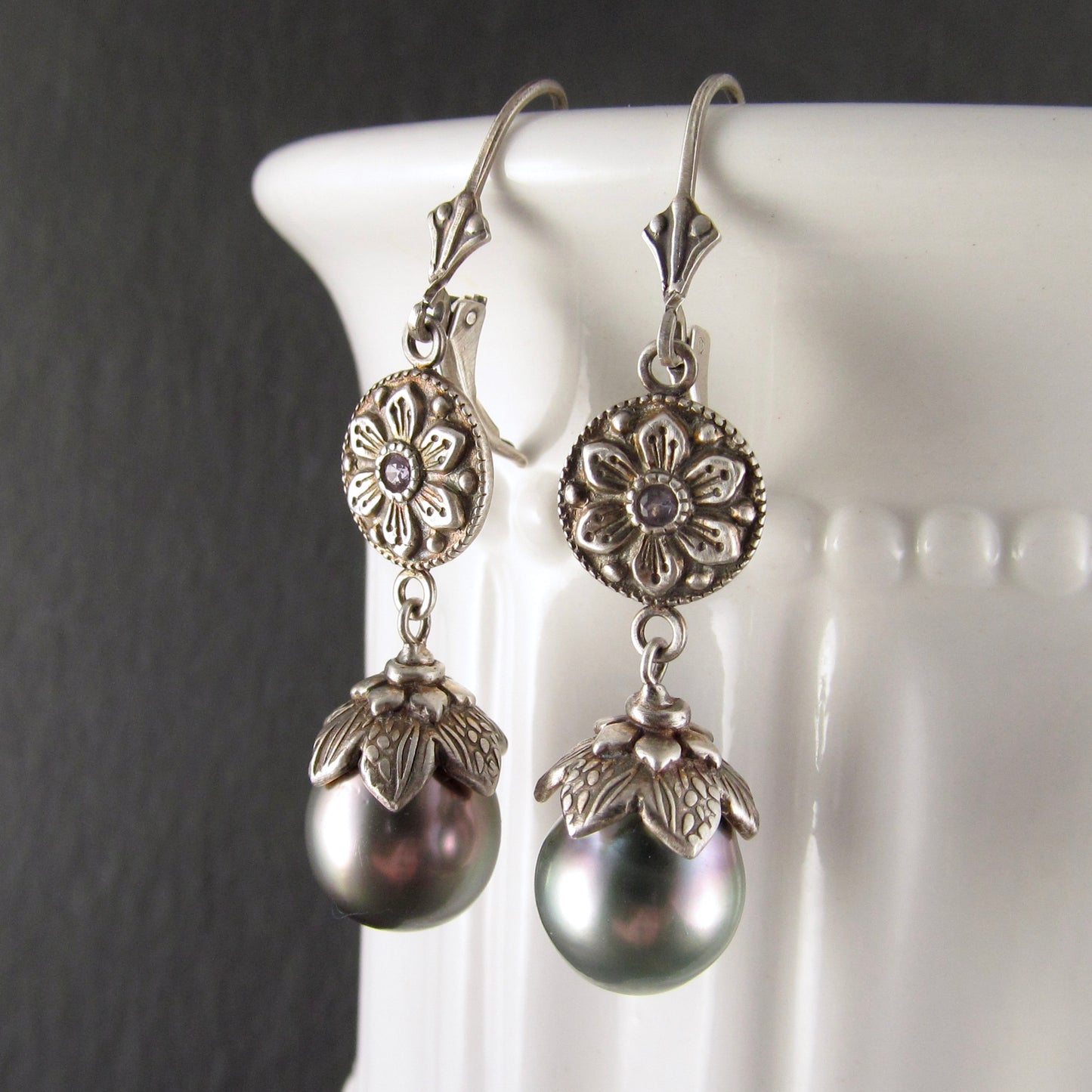 Fine silver Exotic Flower earrings with Tahitian pearls, and lavender sapphires