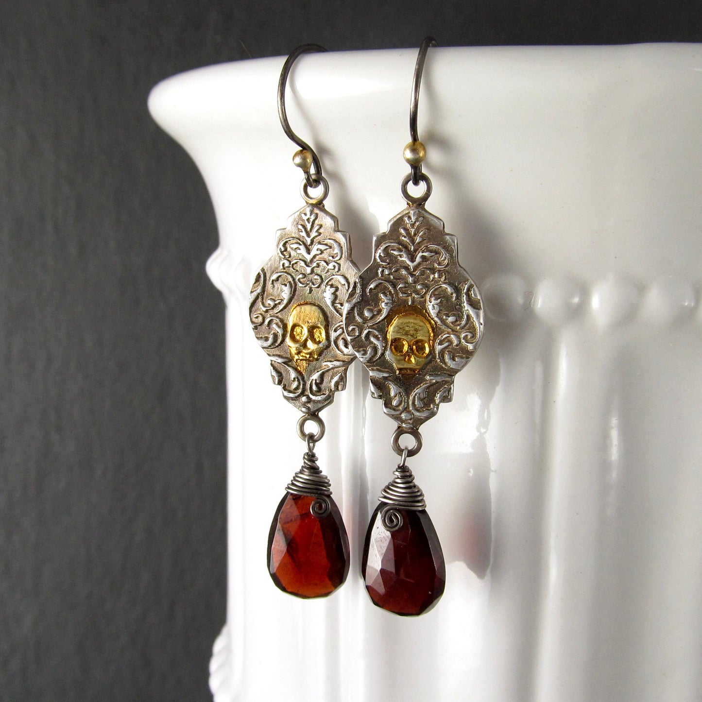 Victorian Memento Mori earrings in fine silver with blood red garnets and 22k gold accents