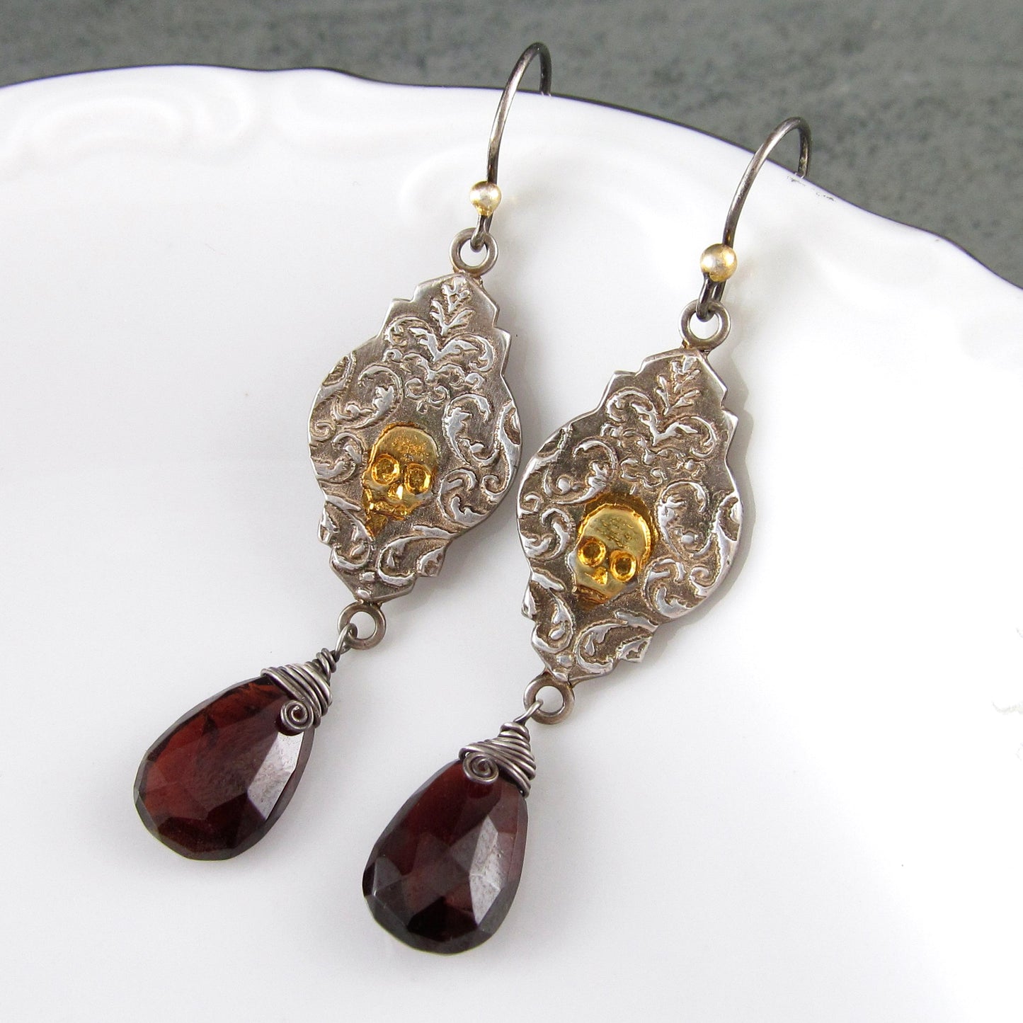 Victorian Memento Mori earrings in fine silver with blood red garnets and 22k gold accents