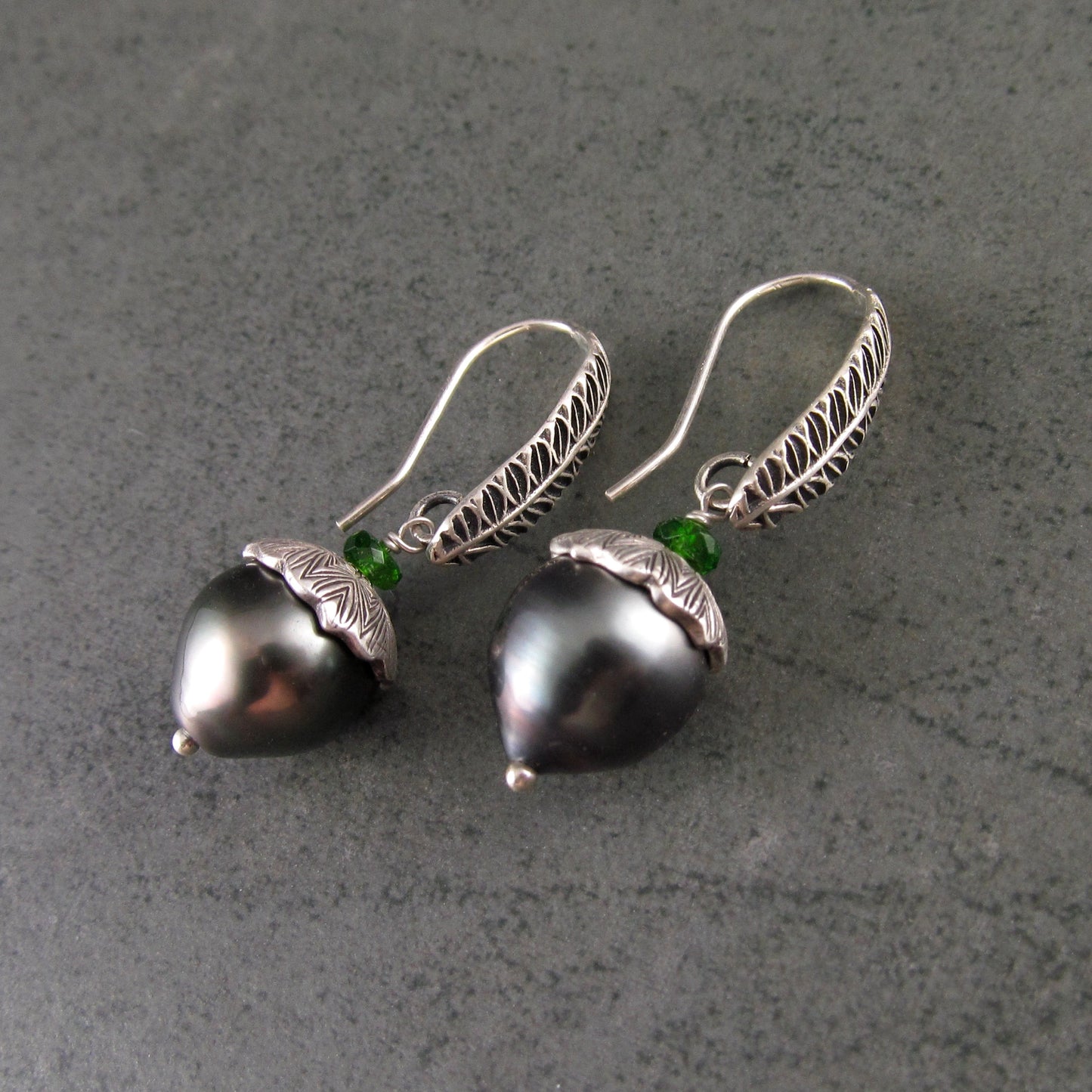 Tahitian pearl drop earrings, silver acorn earrings