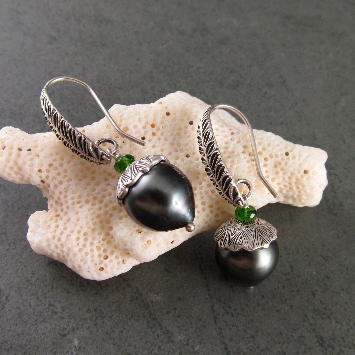 Tahitian pearl drop earrings, silver acorn earrings