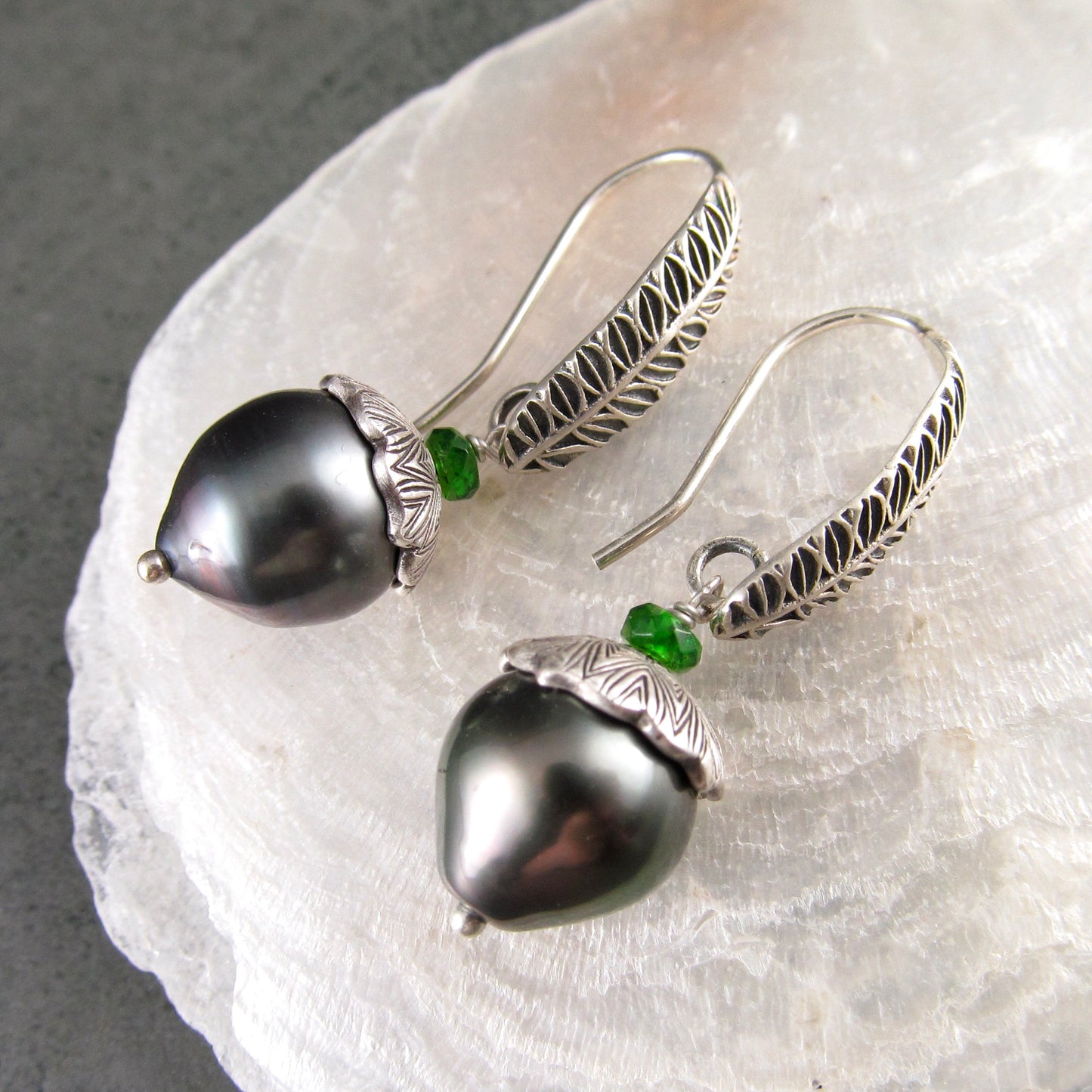 Tahitian pearl drop earrings, silver acorn earrings