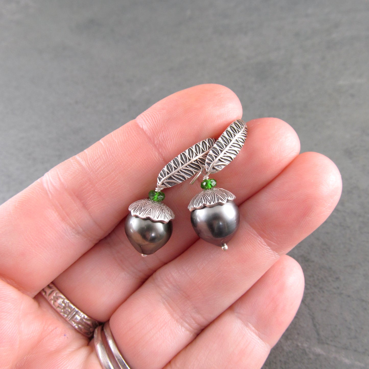 Tahitian pearl drop earrings, silver acorn earrings