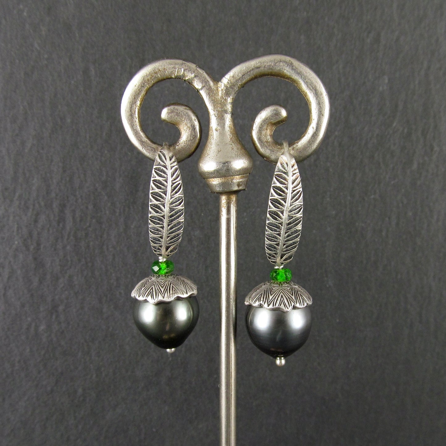 Tahitian pearl drop earrings, silver acorn earrings