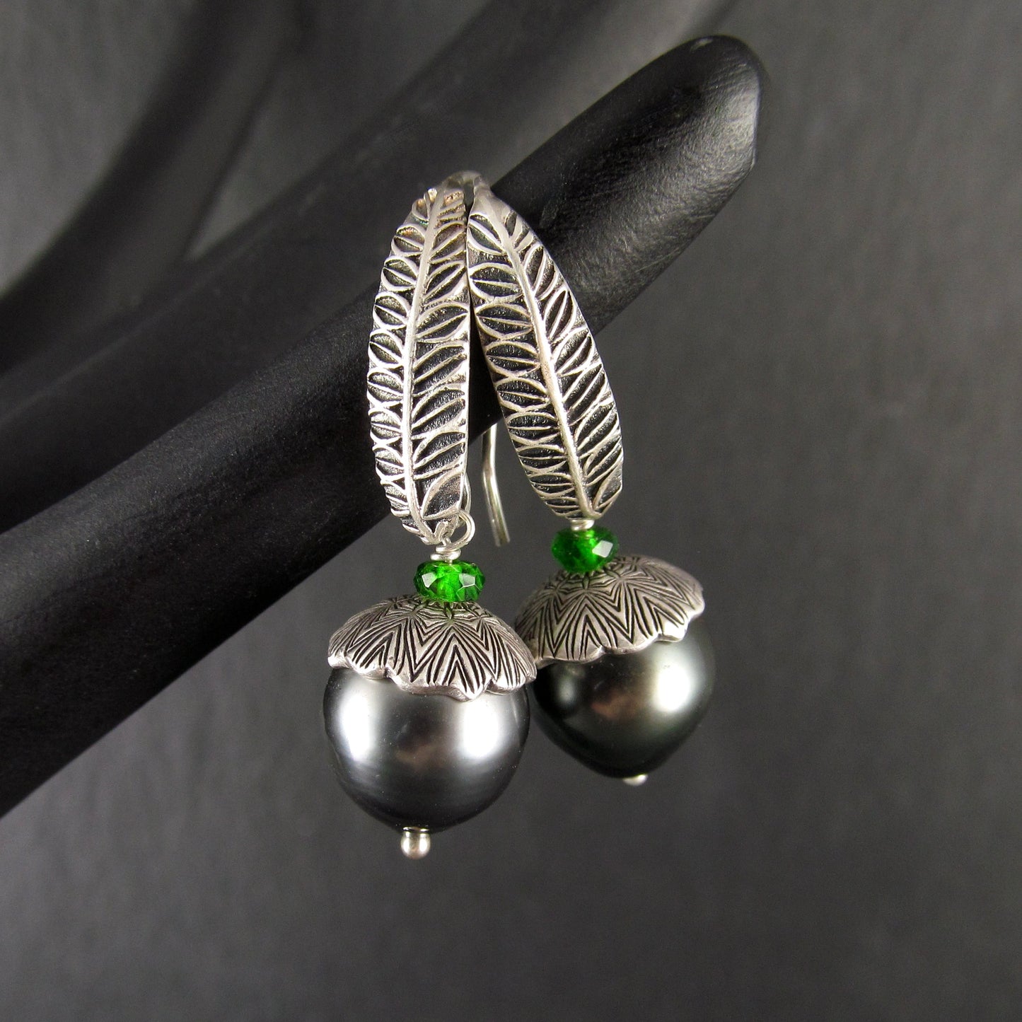 Tahitian pearl drop earrings, silver acorn earrings