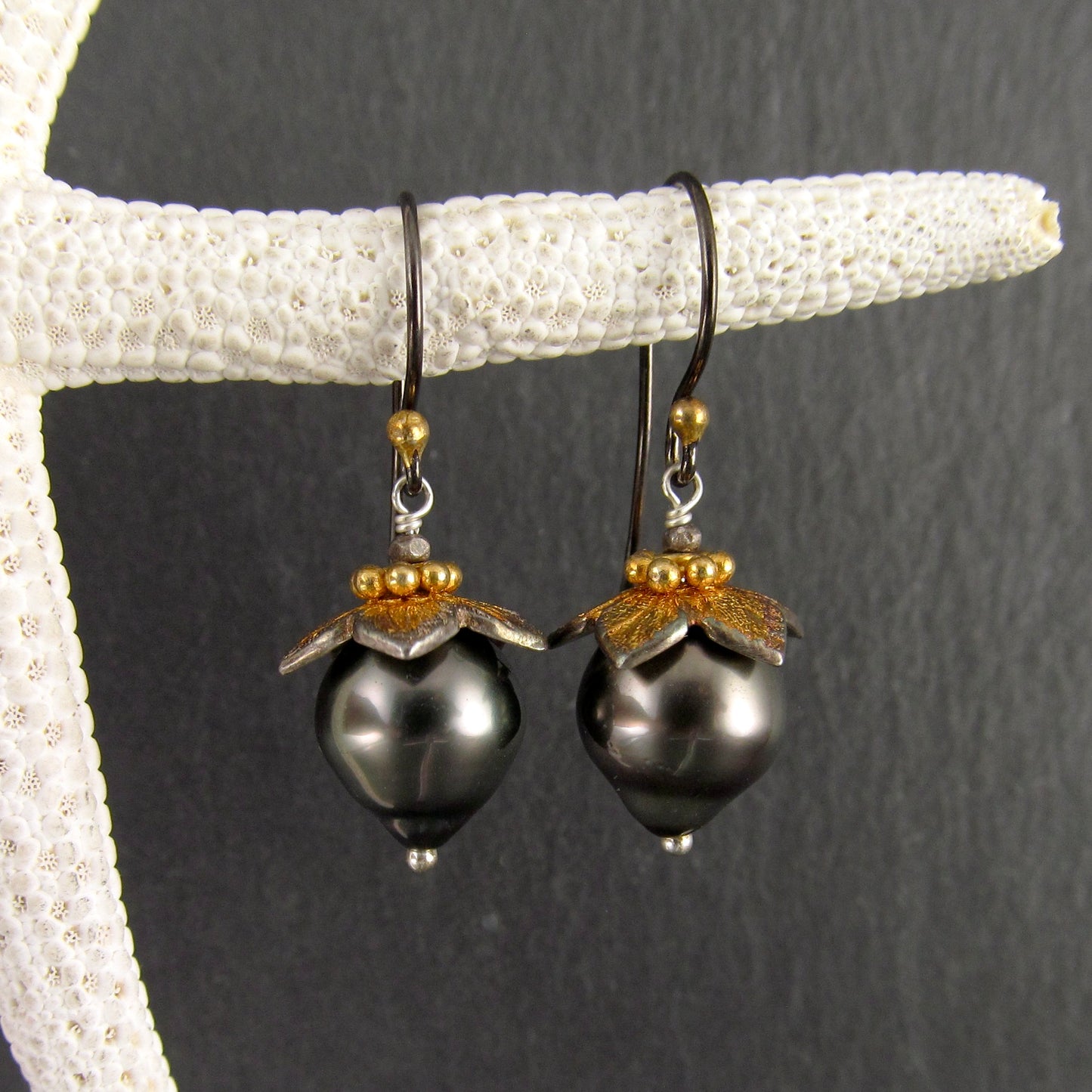 Tahitian pearl flower bud earrings in fine silver and 22k gold