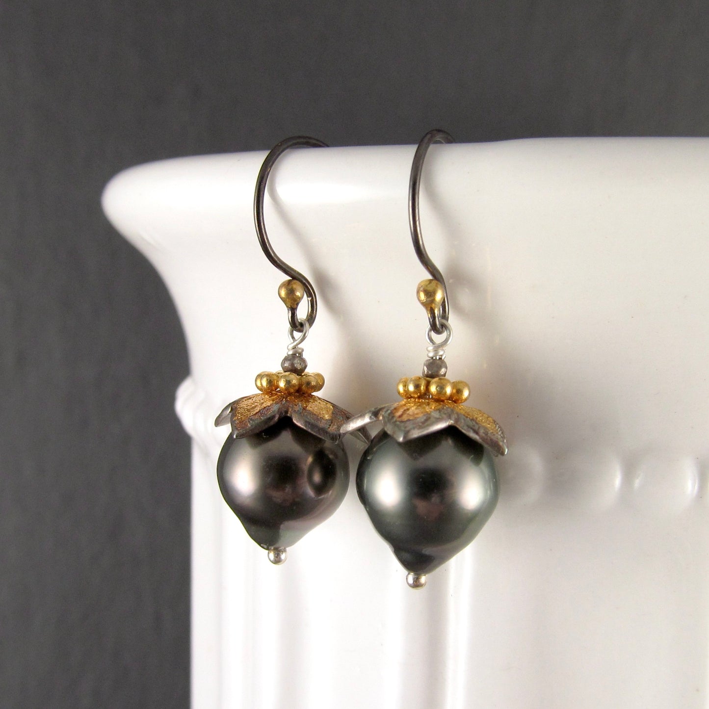 Tahitian pearl flower bud earrings in fine silver and 22k gold