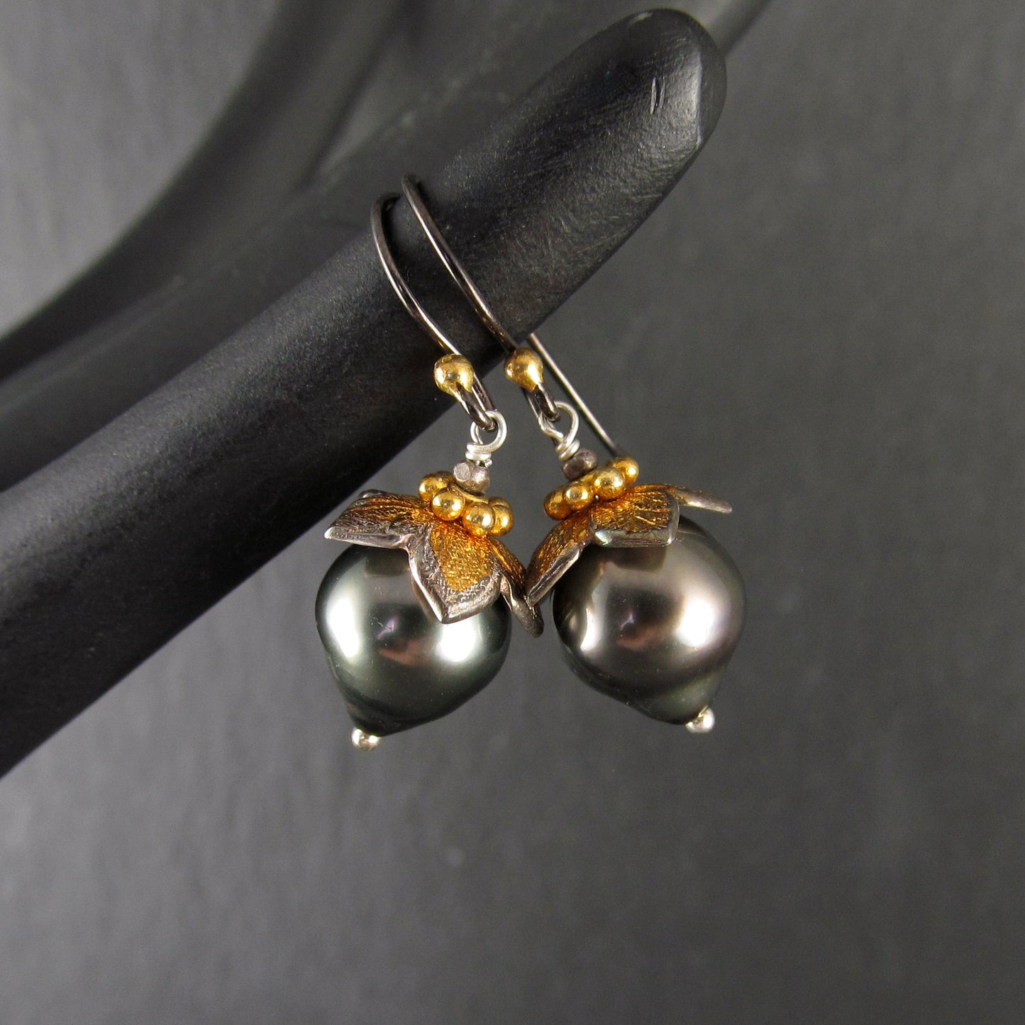 Tahitian pearl flower bud earrings in fine silver and 22k gold