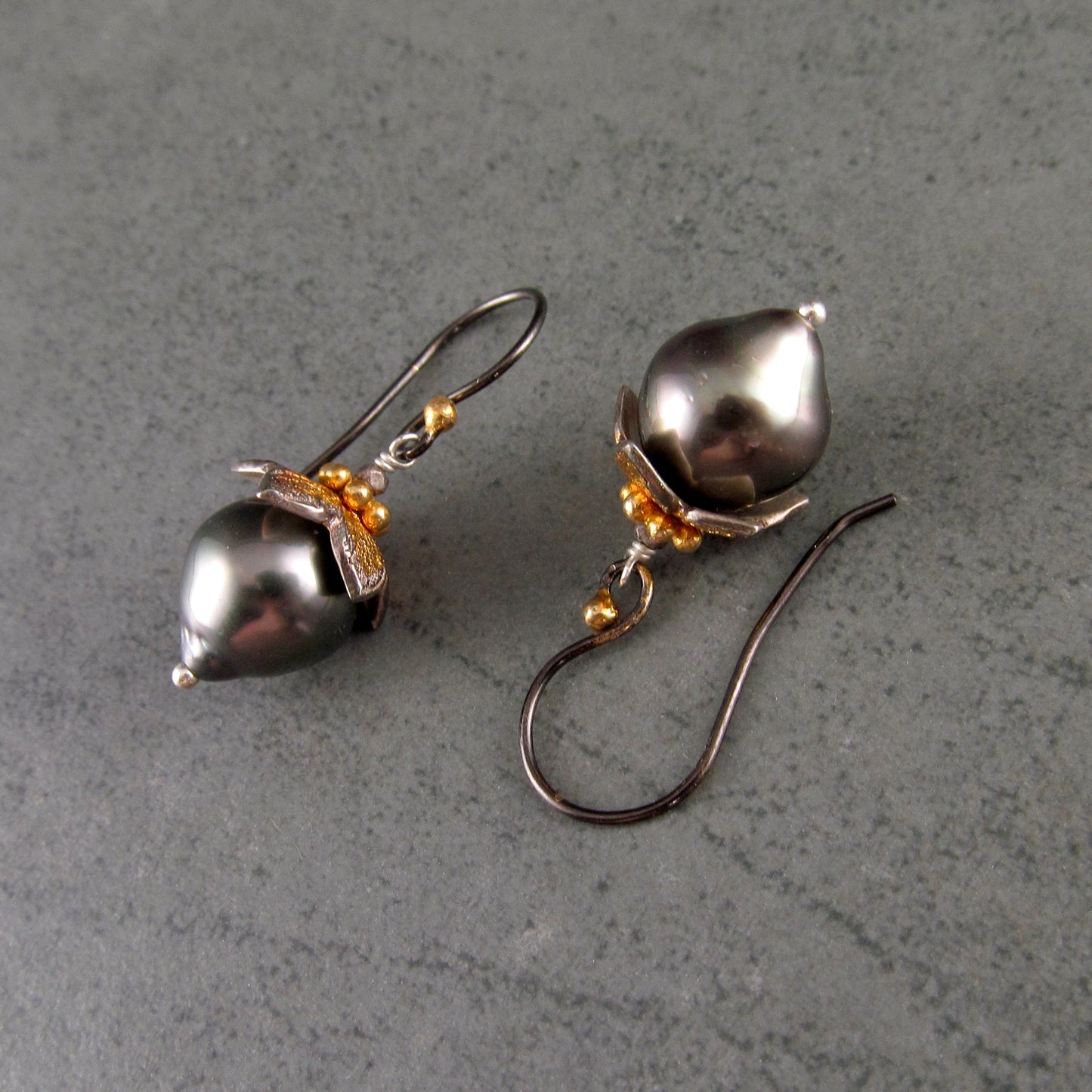 Tahitian pearl flower bud earrings in fine silver and 22k gold