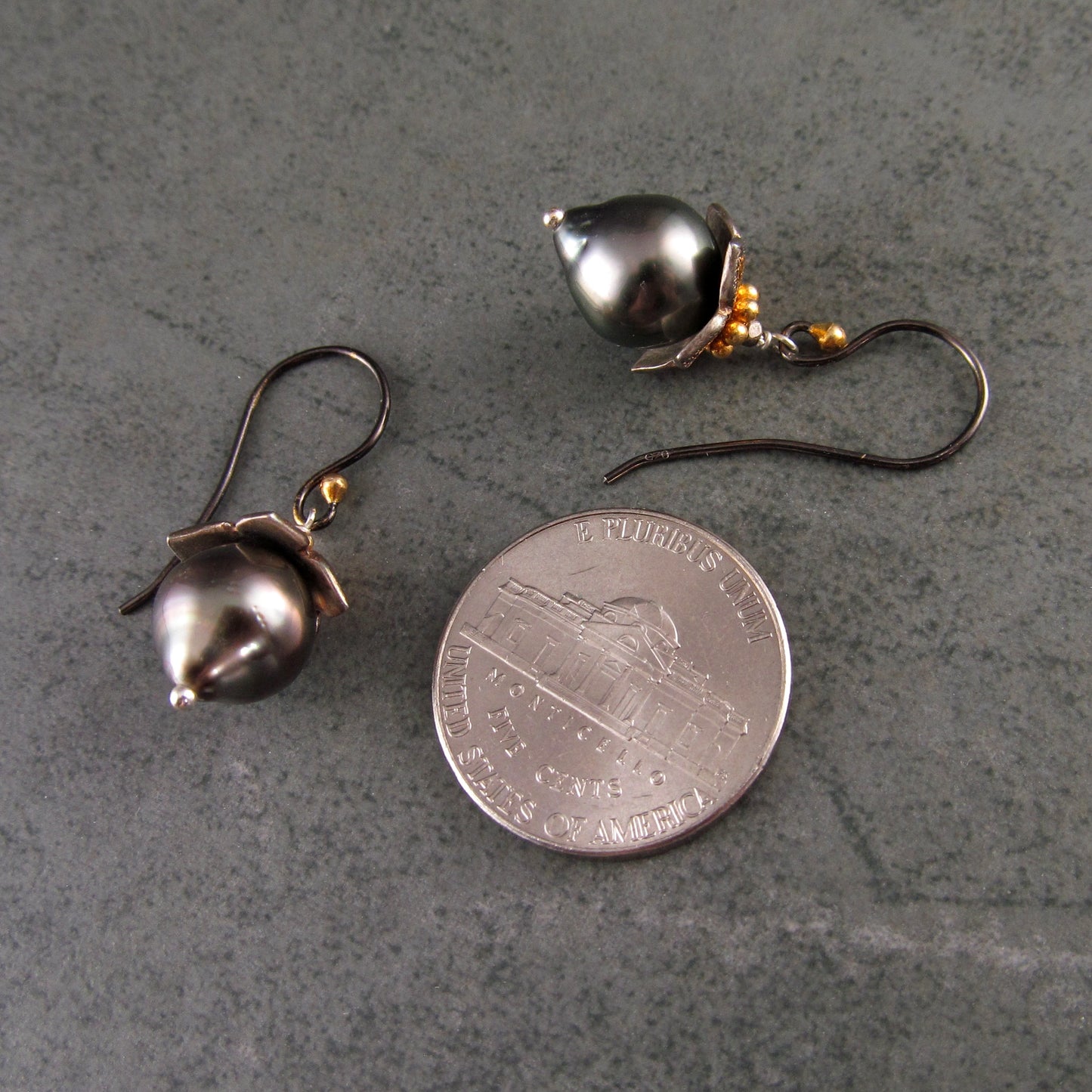 Tahitian pearl flower bud earrings in fine silver and 22k gold