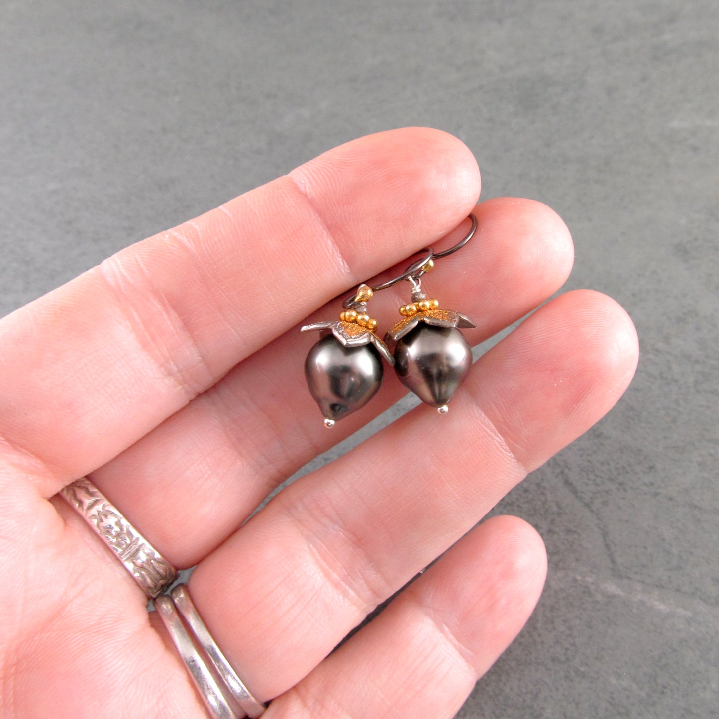 Tahitian pearl flower bud earrings in fine silver and 22k gold