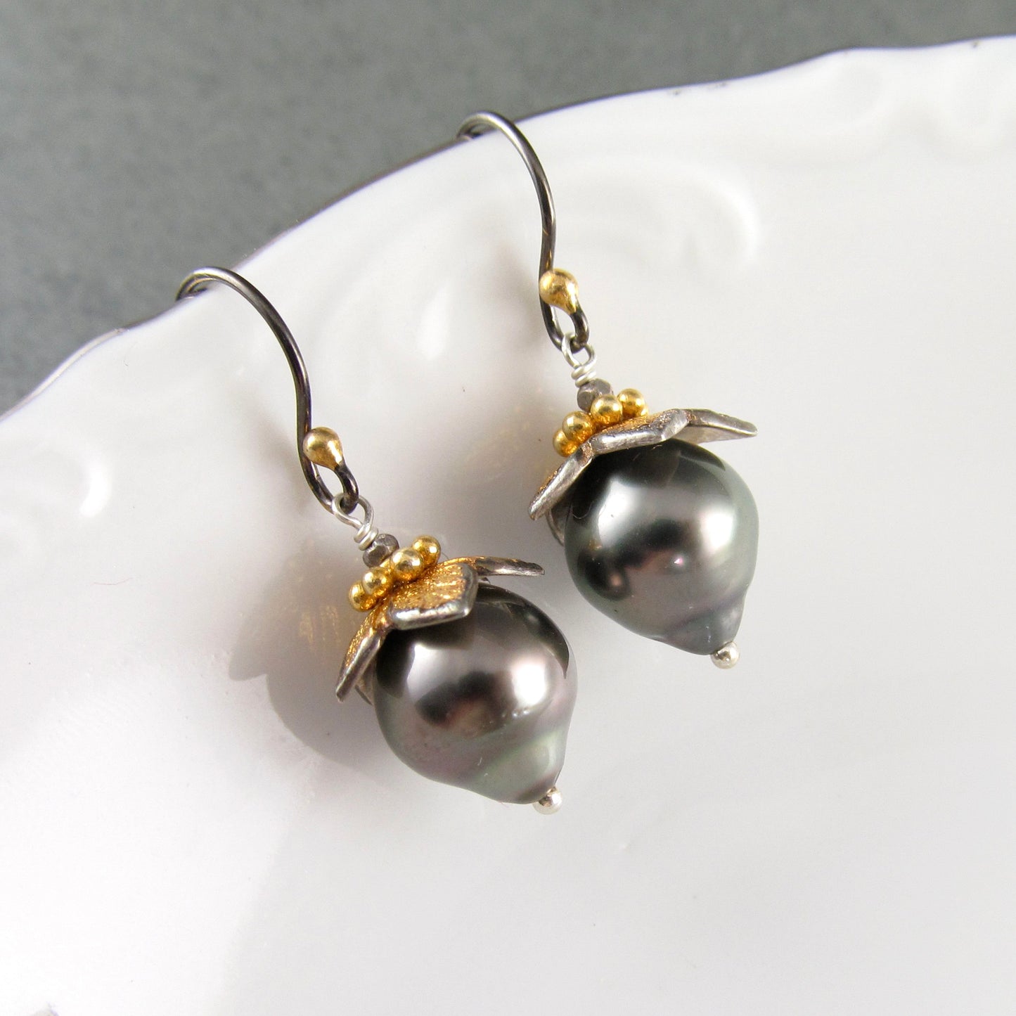 Tahitian pearl flower bud earrings in fine silver and 22k gold