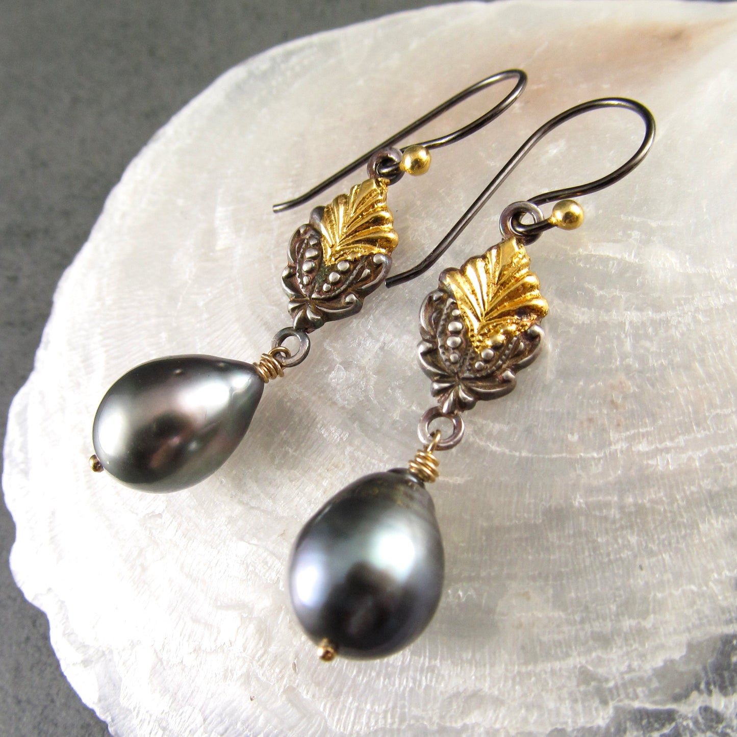 Polynesian princess earrings, Tahitian pearls, fine silver and 22k gold accents