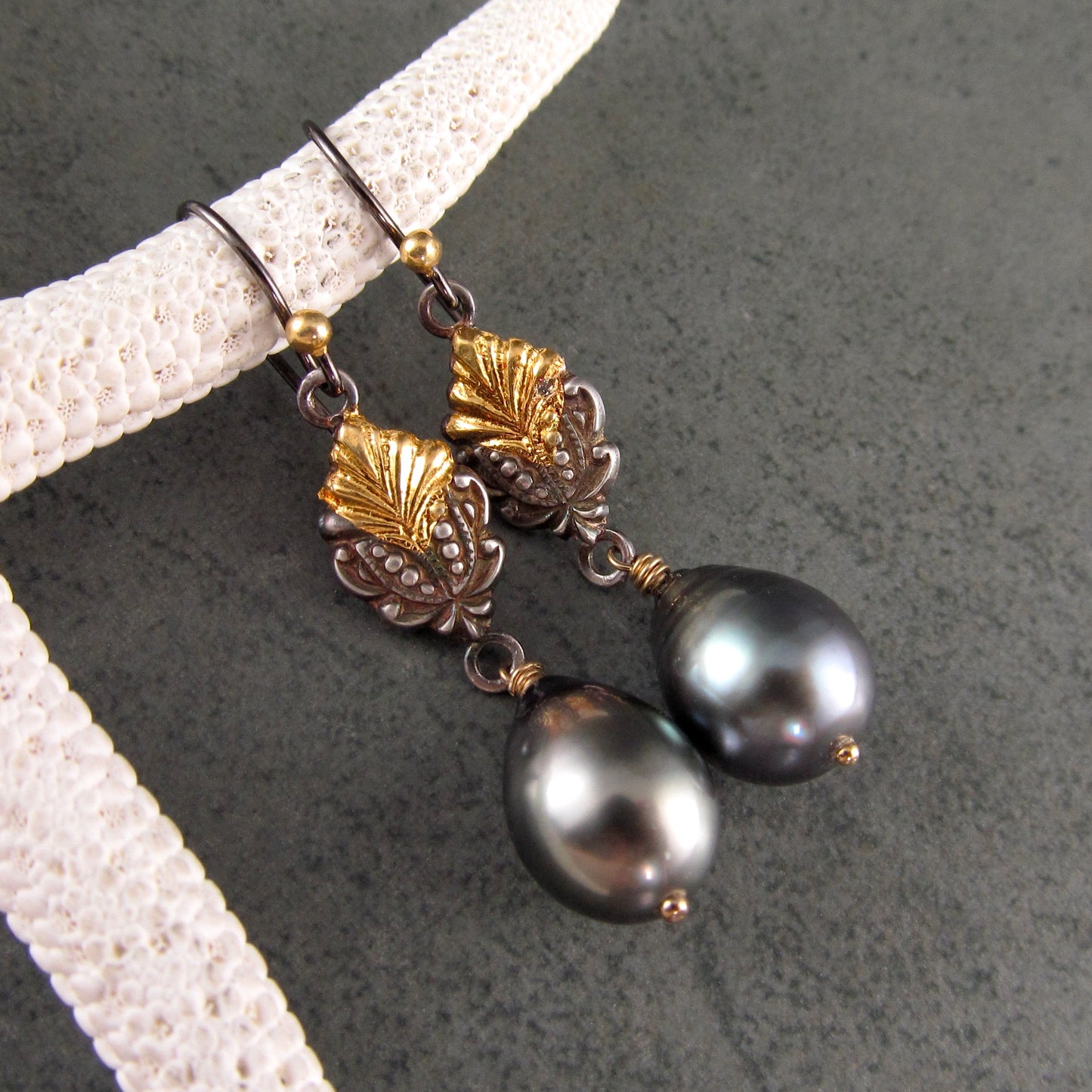 Polynesian princess earrings, Tahitian pearls, fine silver and 22k gold accents