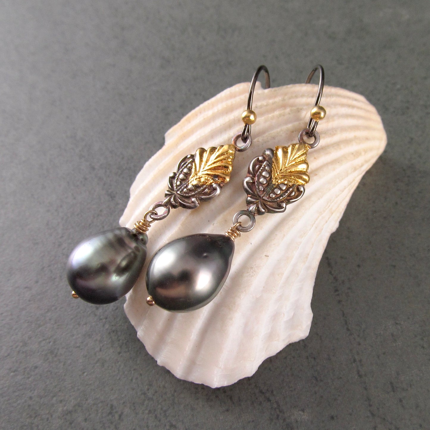 Polynesian princess earrings, Tahitian pearls, fine silver and 22k gold accents