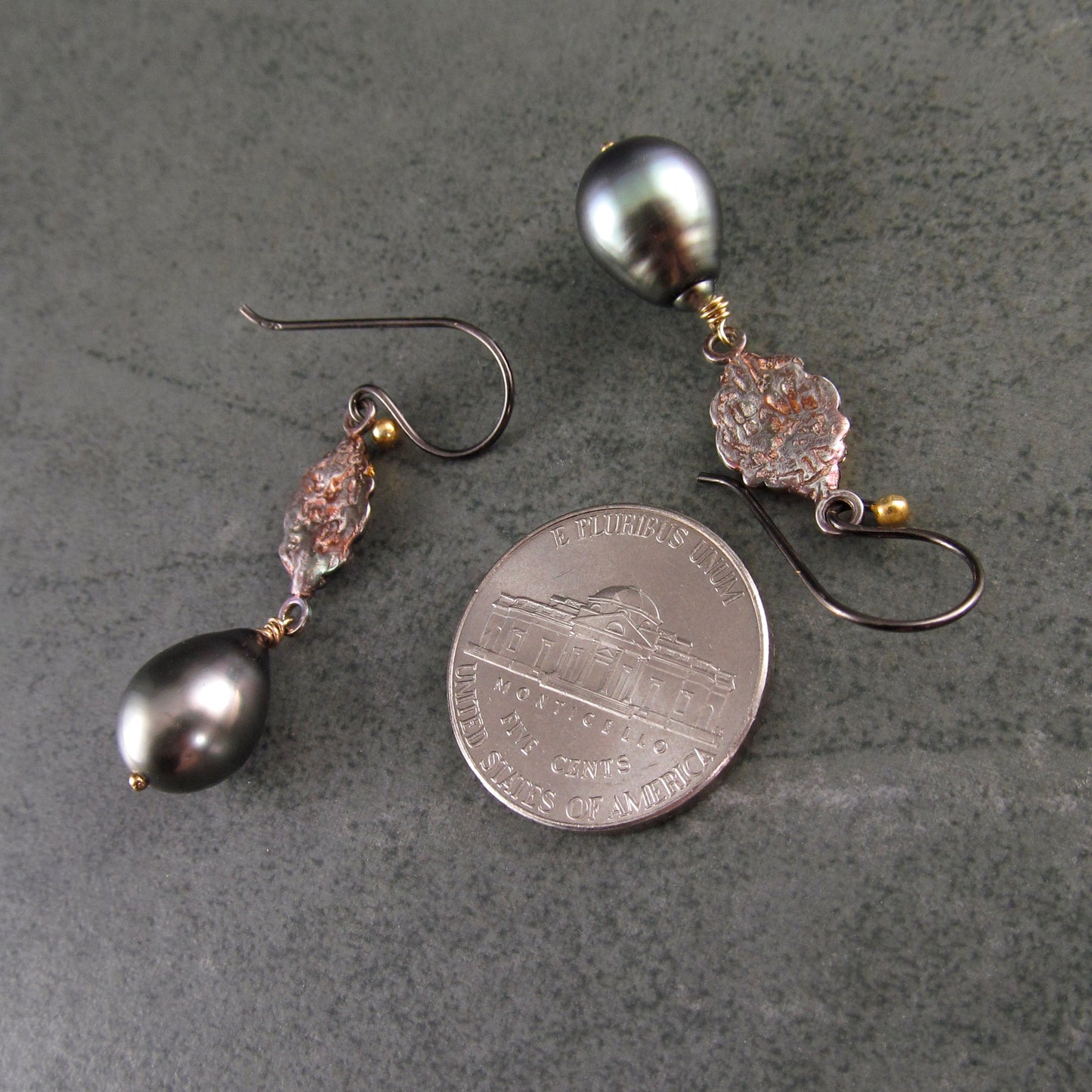Polynesian princess earrings, Tahitian pearls, fine silver and 22k gold accents