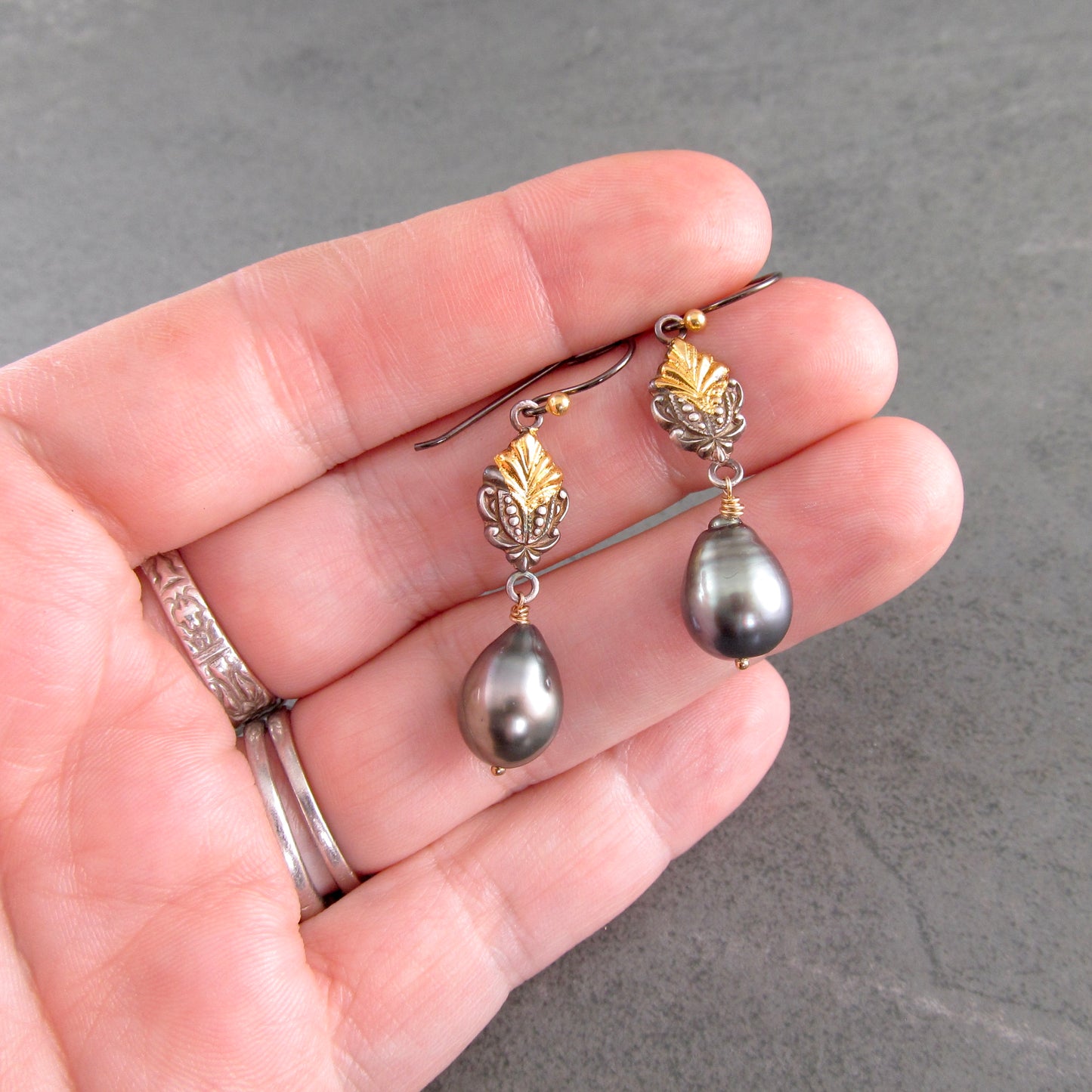 Polynesian princess earrings, Tahitian pearls, fine silver and 22k gold accents