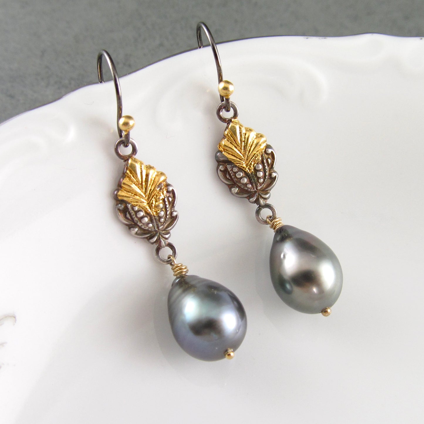 Polynesian princess earrings, Tahitian pearls, fine silver and 22k gold accents