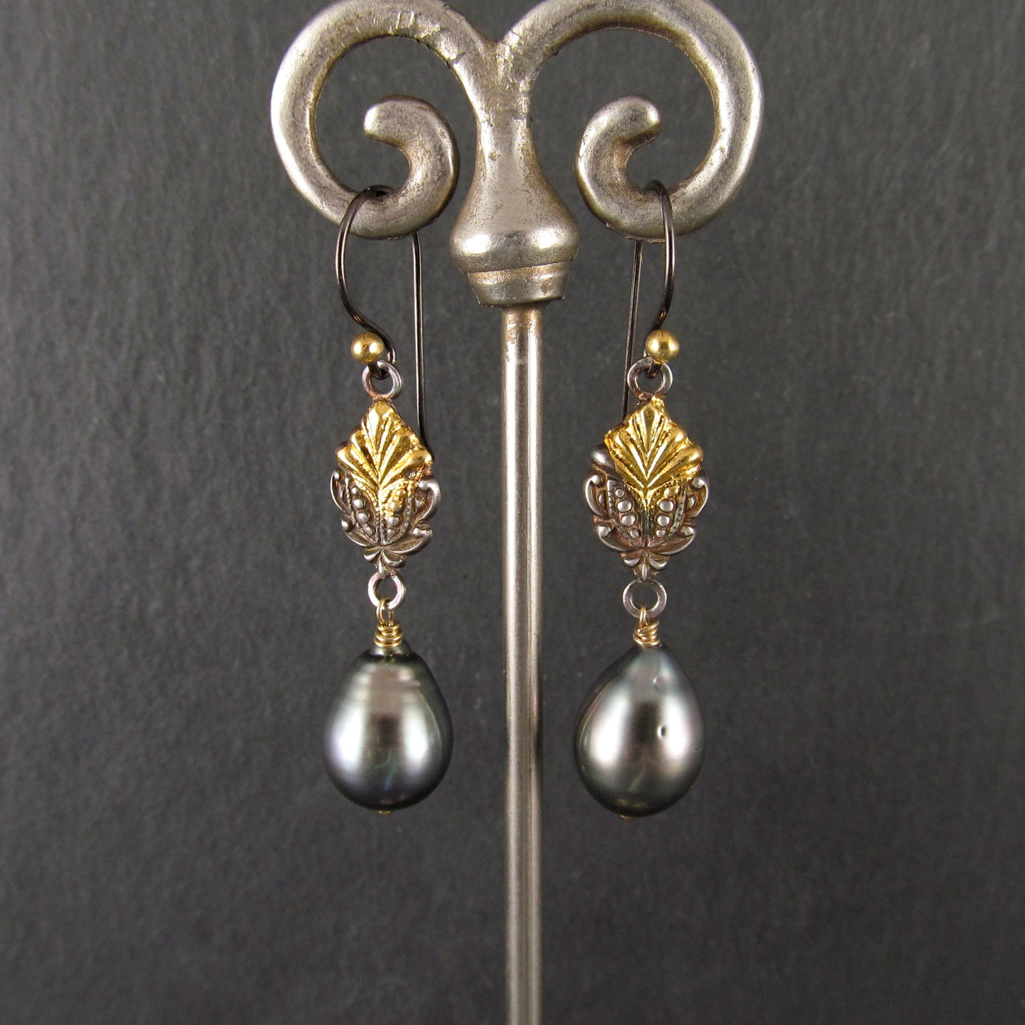 Polynesian princess earrings, Tahitian pearls, fine silver and 22k gold accents