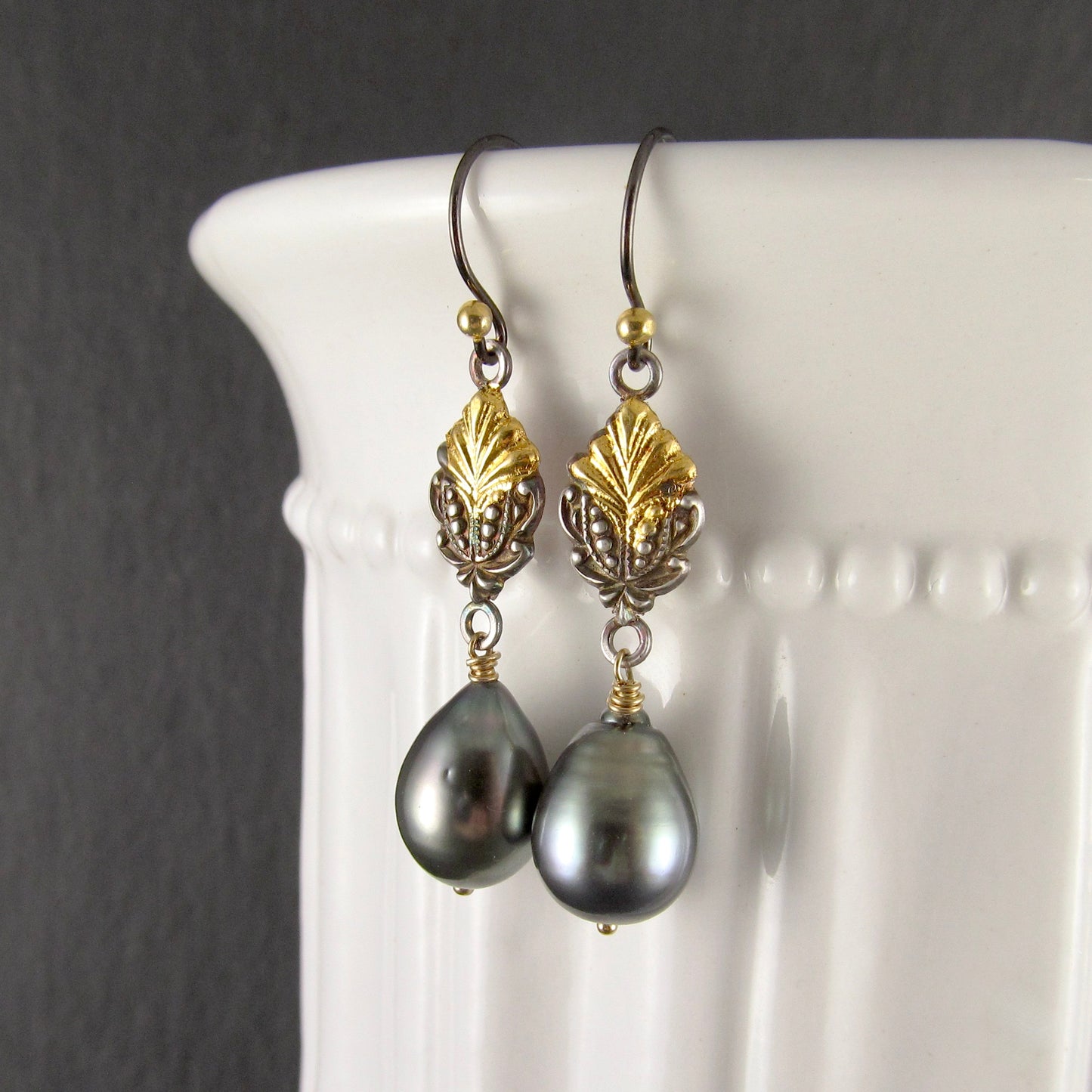 Polynesian princess earrings, Tahitian pearls, fine silver and 22k gold accents