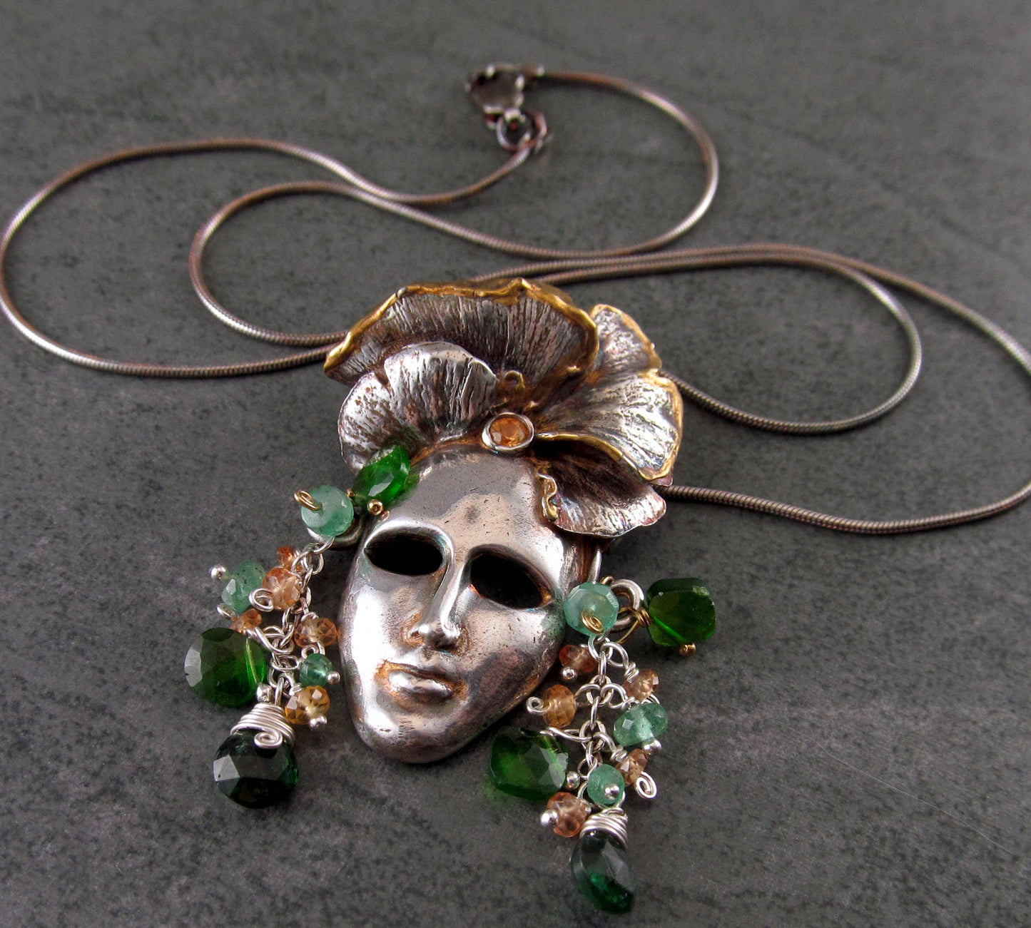 Green goddess mask, handmade recycled fine silver face mask pendant featuring a gingko leaf headdress edged with 22k gold, sapphires-OOAK