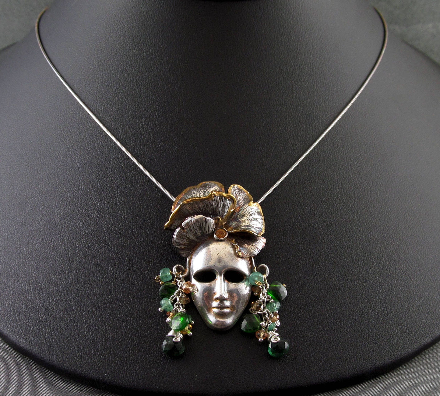 Green goddess mask, handmade recycled fine silver face mask pendant featuring a gingko leaf headdress edged with 22k gold, sapphires-OOAK