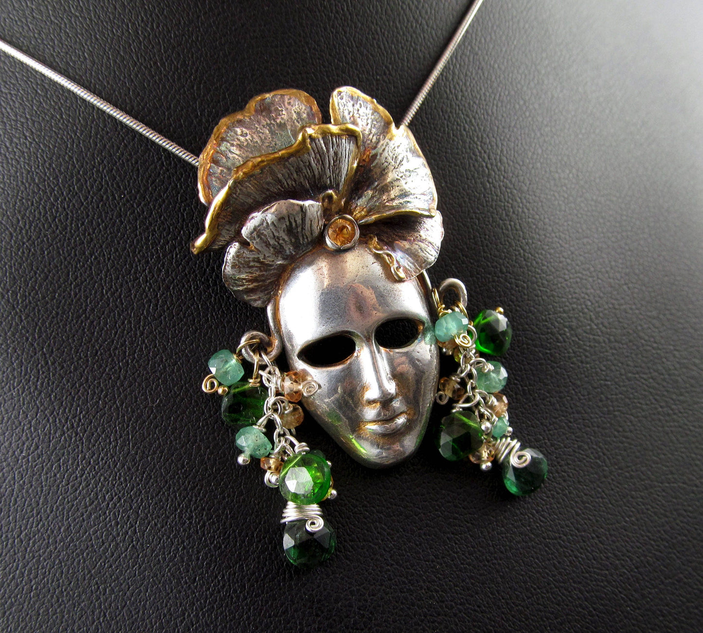 Green goddess mask, handmade recycled fine silver face mask pendant featuring a gingko leaf headdress edged with 22k gold, sapphires-OOAK