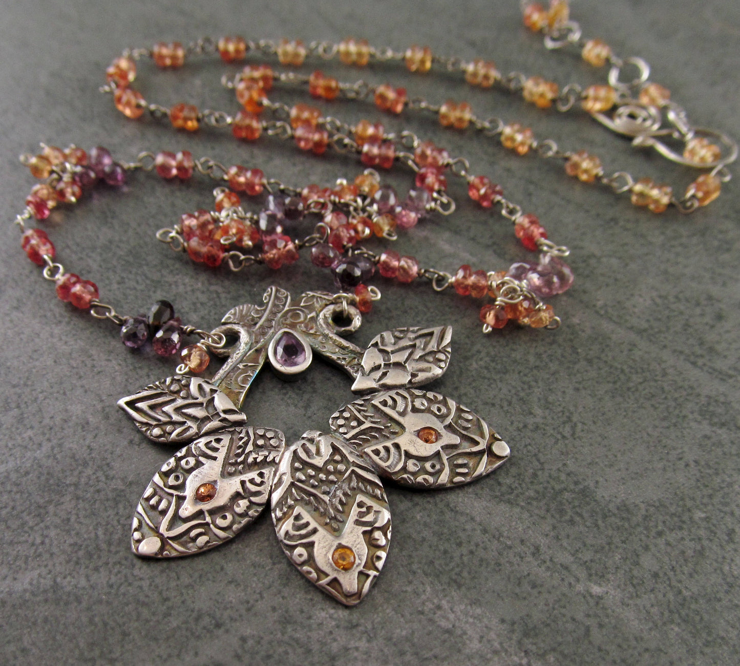 Sunset sapphire necklace with a recycled fine silver Lotus pendant