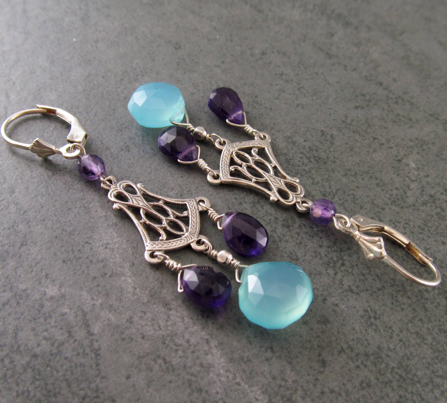 Amethyst and chalcedony chandelier earrings, handmade sterling silver earrings, February birthstone jewelry-OOAK