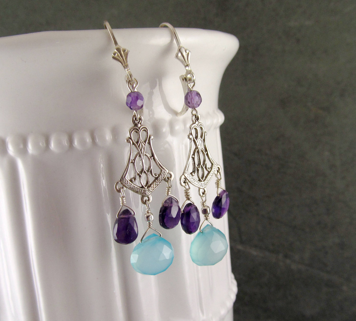 Amethyst and chalcedony chandelier earrings, handmade sterling silver earrings, February birthstone jewelry-OOAK