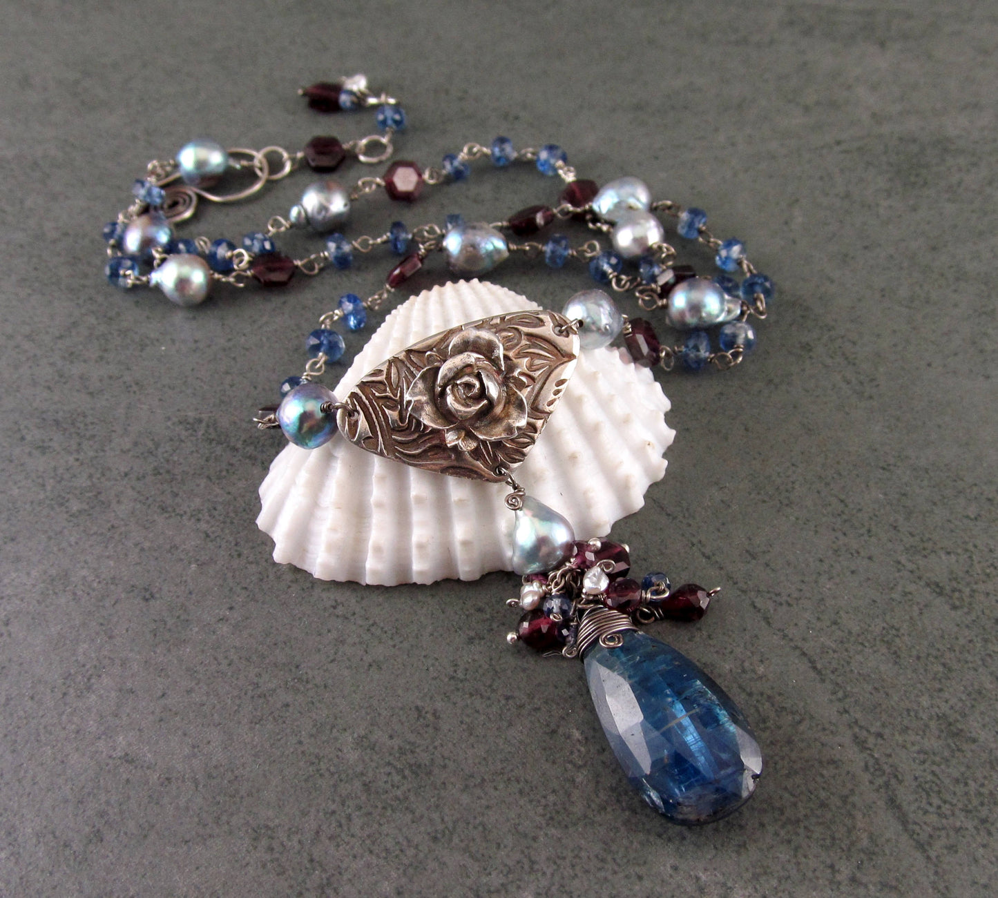 Kyanite rose necklace, handmade recycled fine silver necklace with garnet and silver blue saltwater Akoya pearls-OOAK Yankee Rose necklace