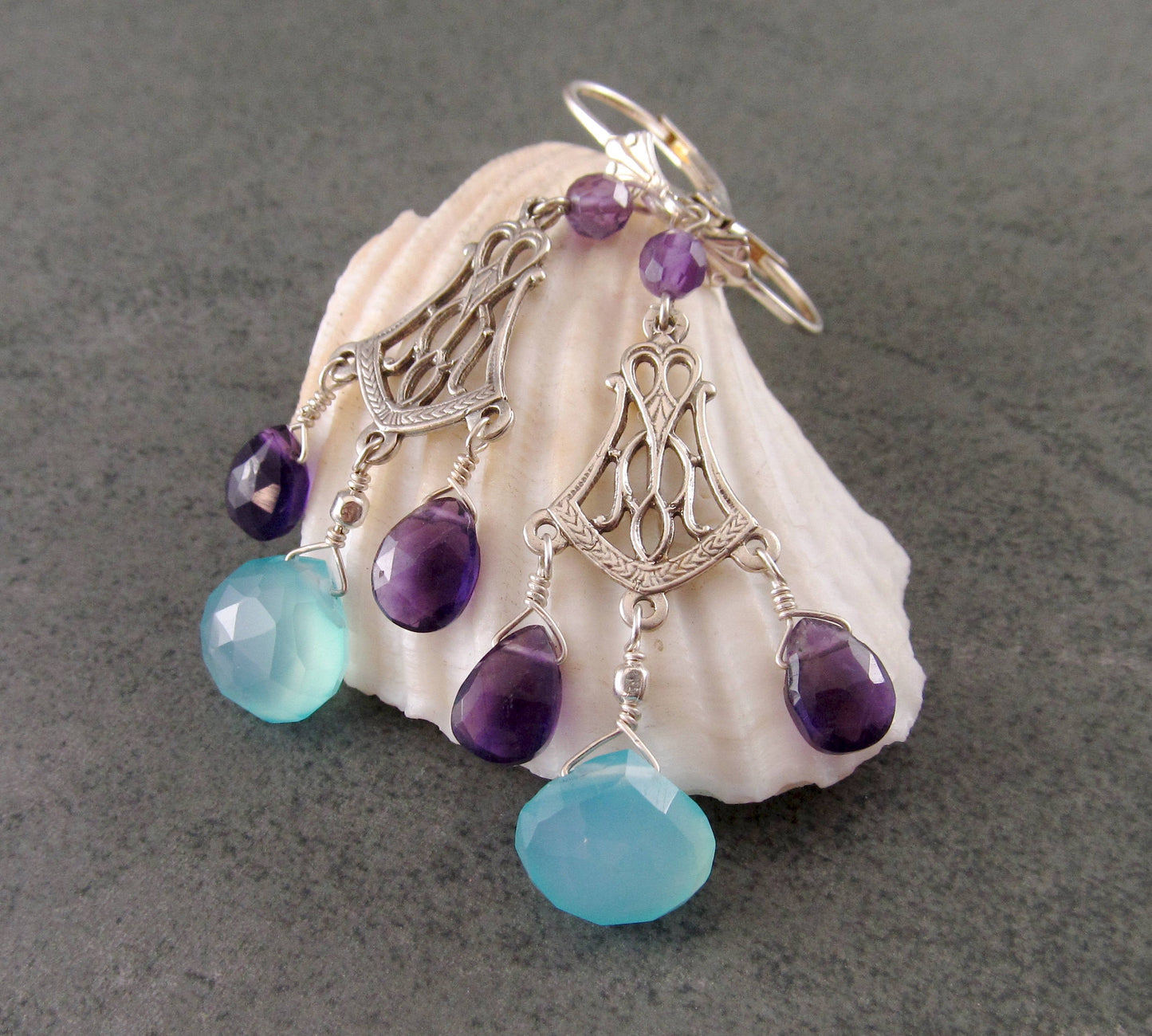 Amethyst and chalcedony chandelier earrings, handmade sterling silver earrings, February birthstone jewelry-OOAK
