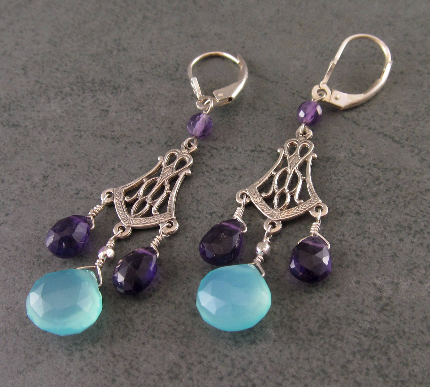 Amethyst and chalcedony chandelier earrings, handmade sterling silver earrings, February birthstone jewelry-OOAK