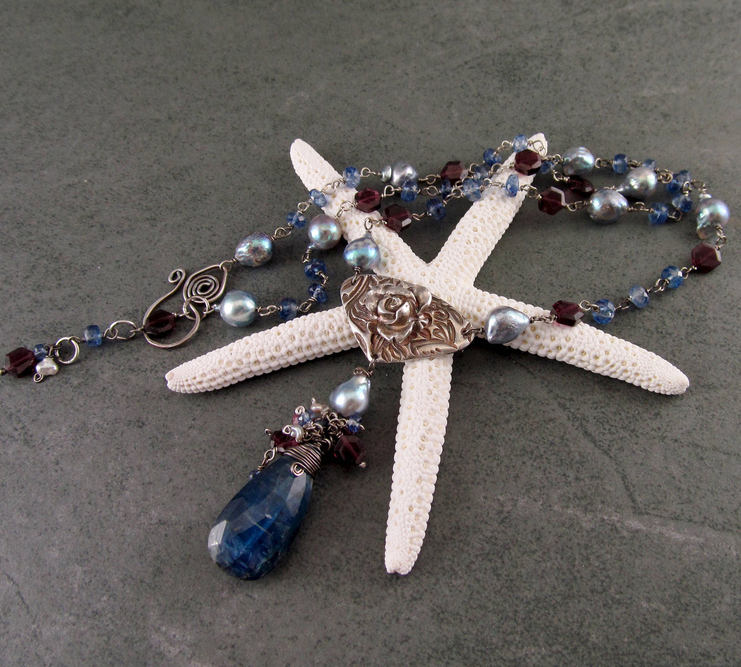 Kyanite rose necklace, handmade recycled fine silver necklace with garnet and silver blue saltwater Akoya pearls-OOAK Yankee Rose necklace