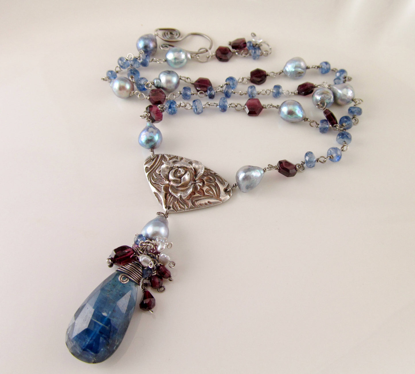 Kyanite rose necklace, handmade recycled fine silver necklace with garnet and silver blue saltwater Akoya pearls-OOAK Yankee Rose necklace