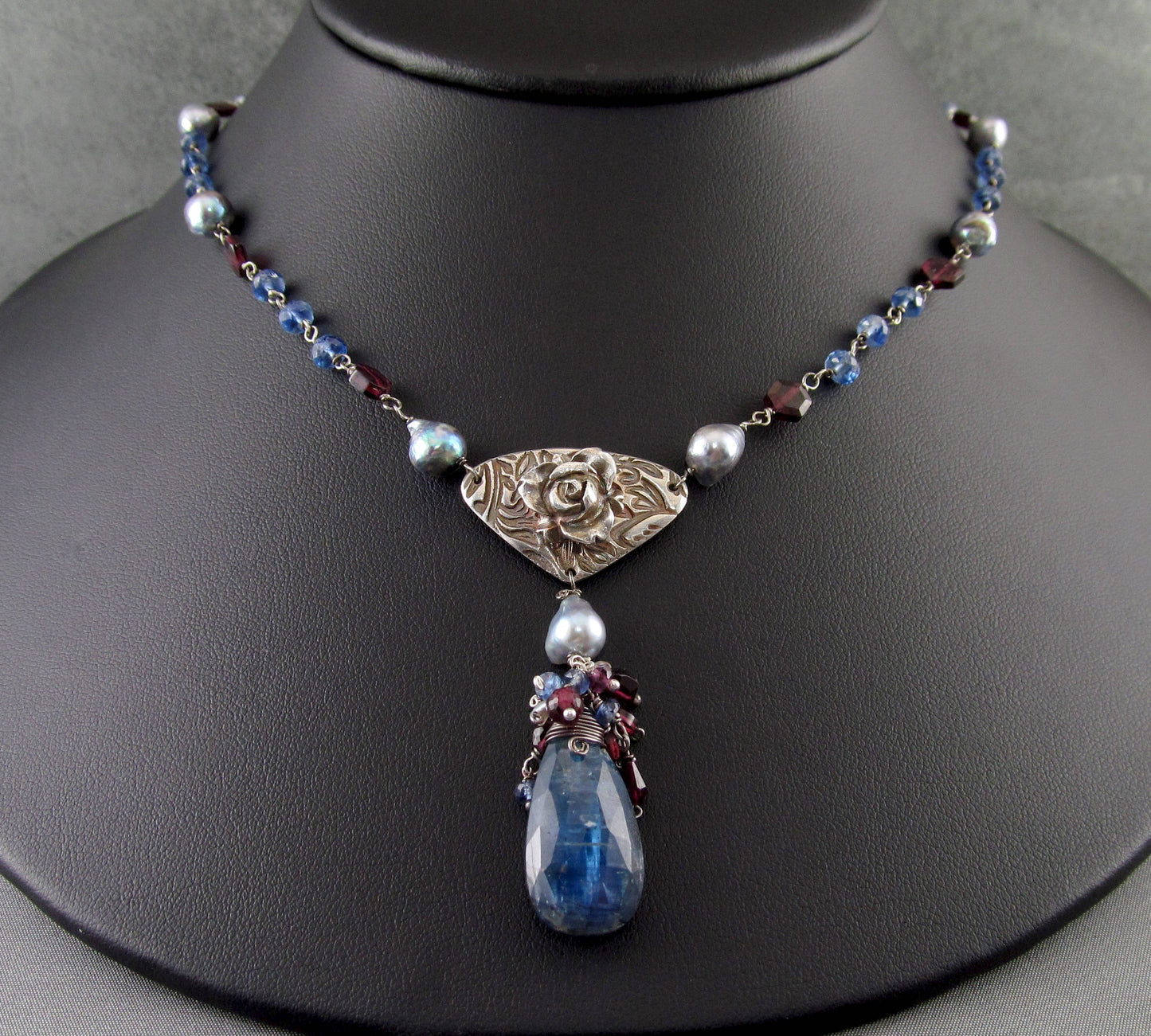 Kyanite rose necklace, handmade recycled fine silver necklace with garnet and silver blue saltwater Akoya pearls-OOAK Yankee Rose necklace