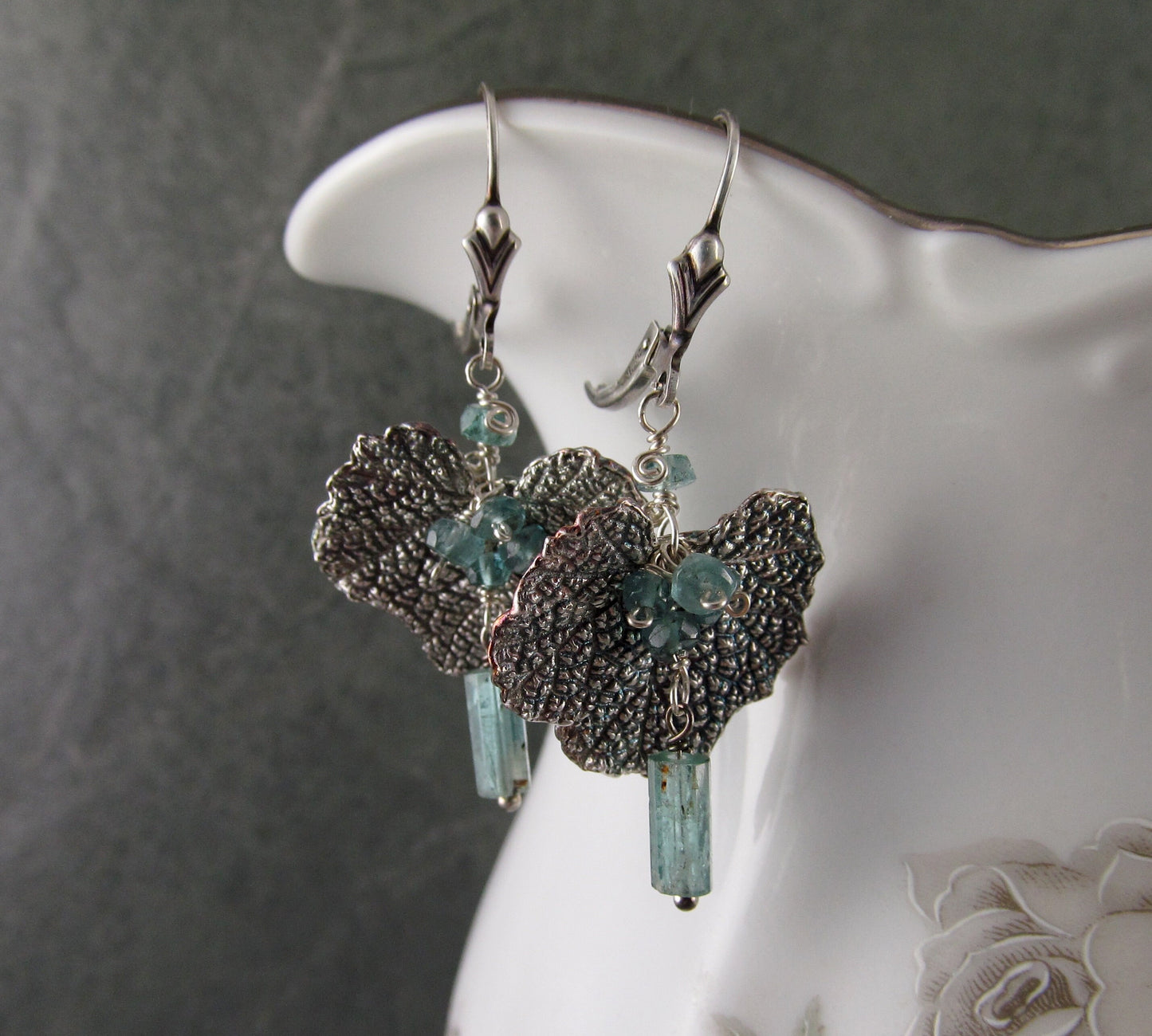 Blue tourmaline earrings, handmade recycled fine silver leaf earrings-OOAK