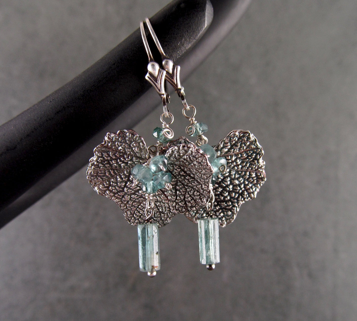 Blue tourmaline earrings, handmade recycled fine silver leaf earrings-OOAK