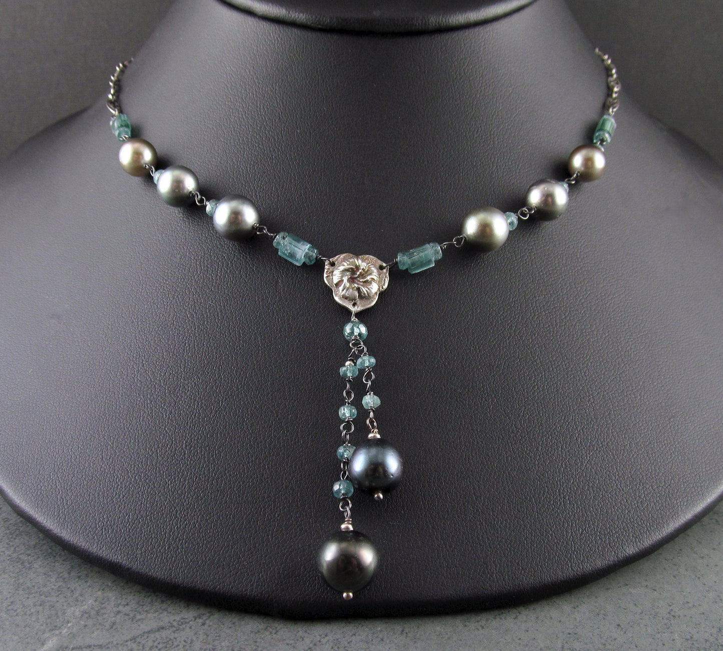 Blue tourmaline necklace with black & silver Tahitian pearls, recycled fine silver hibiscus and sterling silver necklace-OOAK