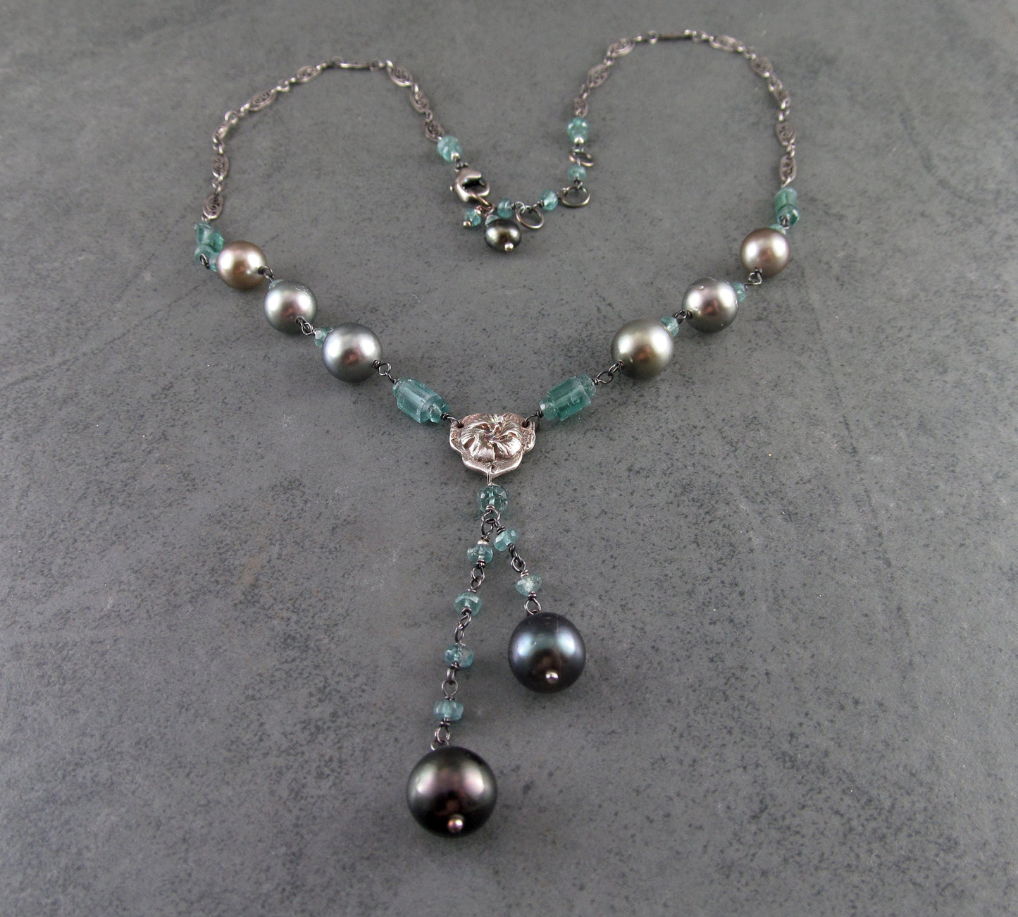 Blue tourmaline necklace with black & silver Tahitian pearls, recycled fine silver hibiscus and sterling silver necklace-OOAK