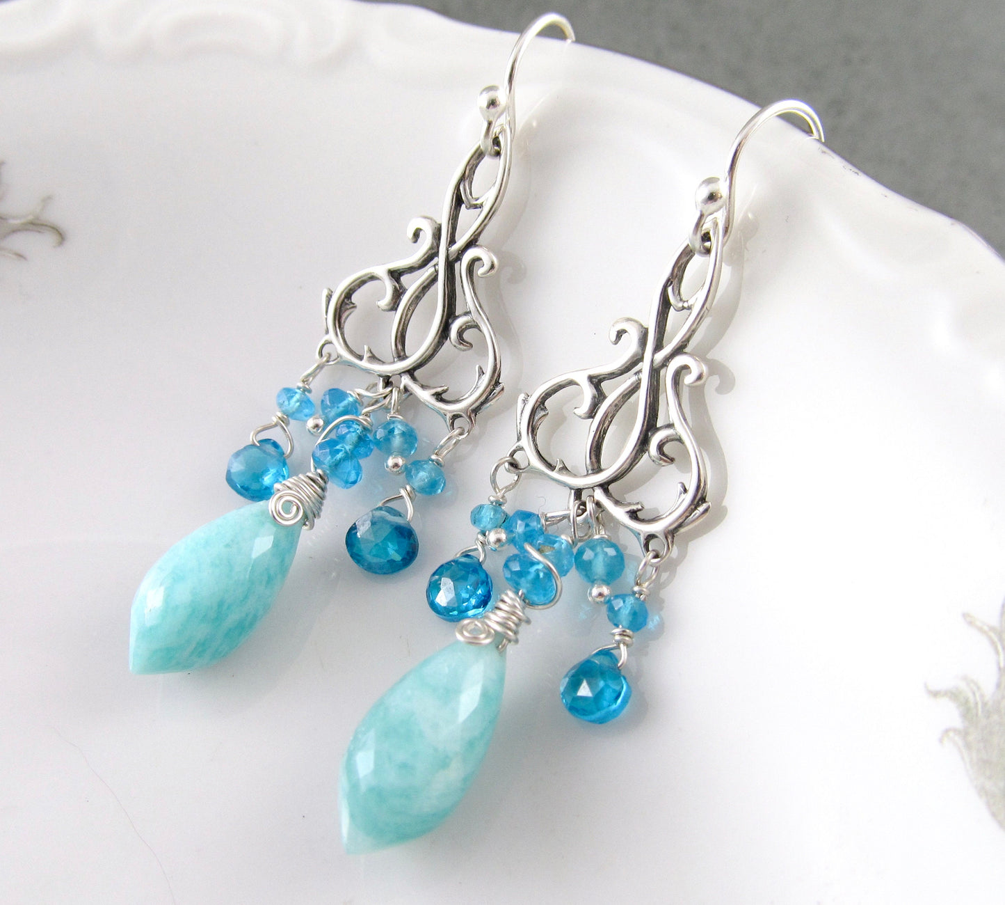Blue gemstone chandelier earrings, handmade sterling silver apatite, and amazonite earrings-OOAK