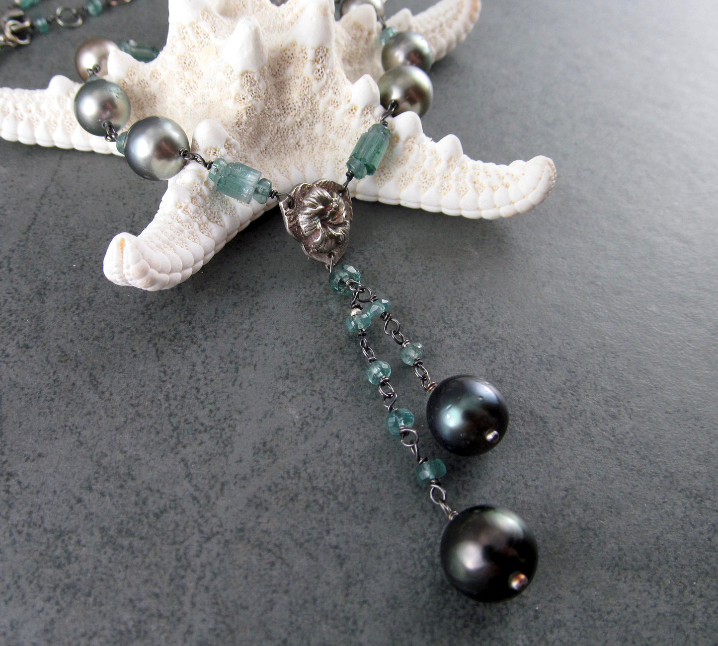 Blue tourmaline necklace with black & silver Tahitian pearls, recycled fine silver hibiscus and sterling silver necklace-OOAK
